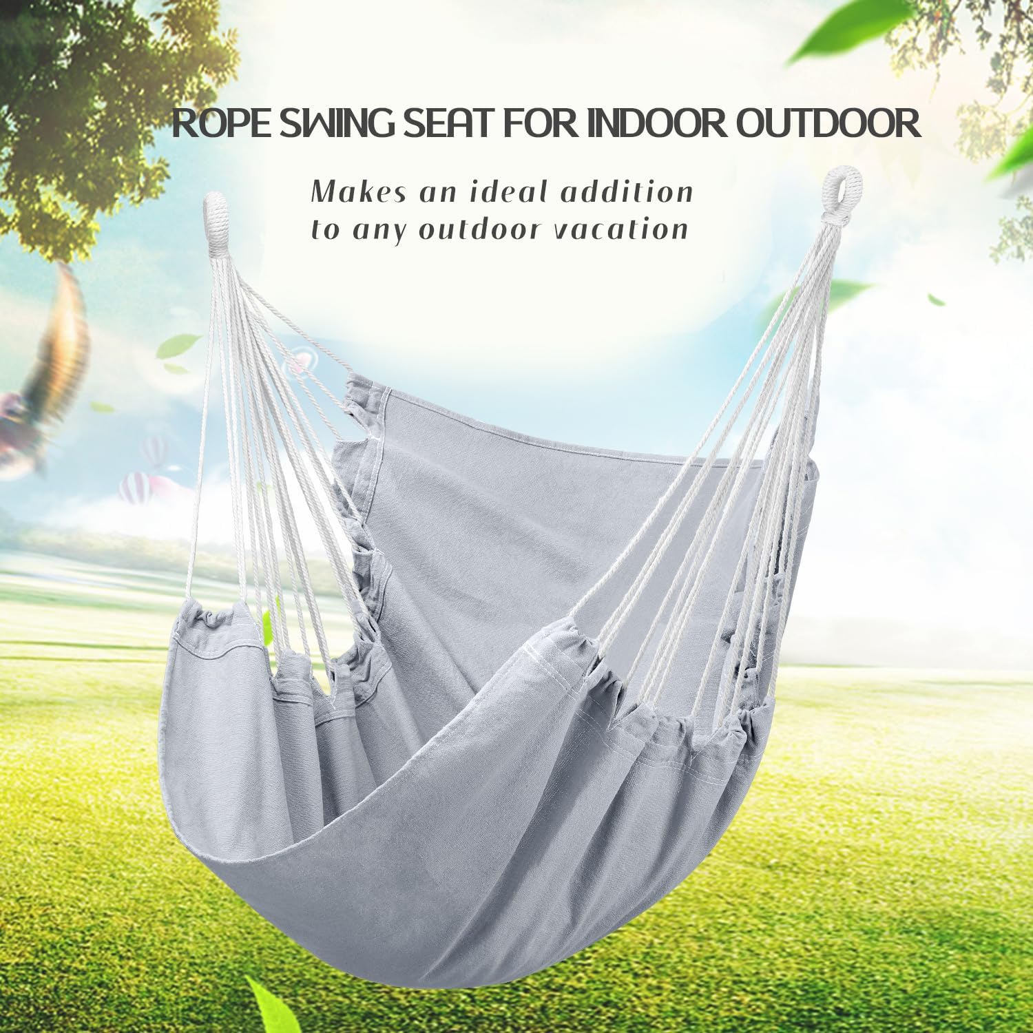 Hommtina Hammock Chair Hanging Rope Swing, Max 300 Lbs Hanging Chair with Pocket & Durability Perfect for Outdoor, Home, Bedroom, Patio