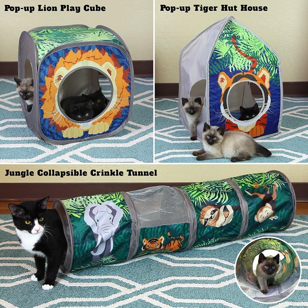 Kitty City Safari Jungle Pop-Up Cat Cube, Collapsible Indoor Cat Hideout & Play Cube with Peekaboo Openings, Easy Storage, 15” x 15” x 15”