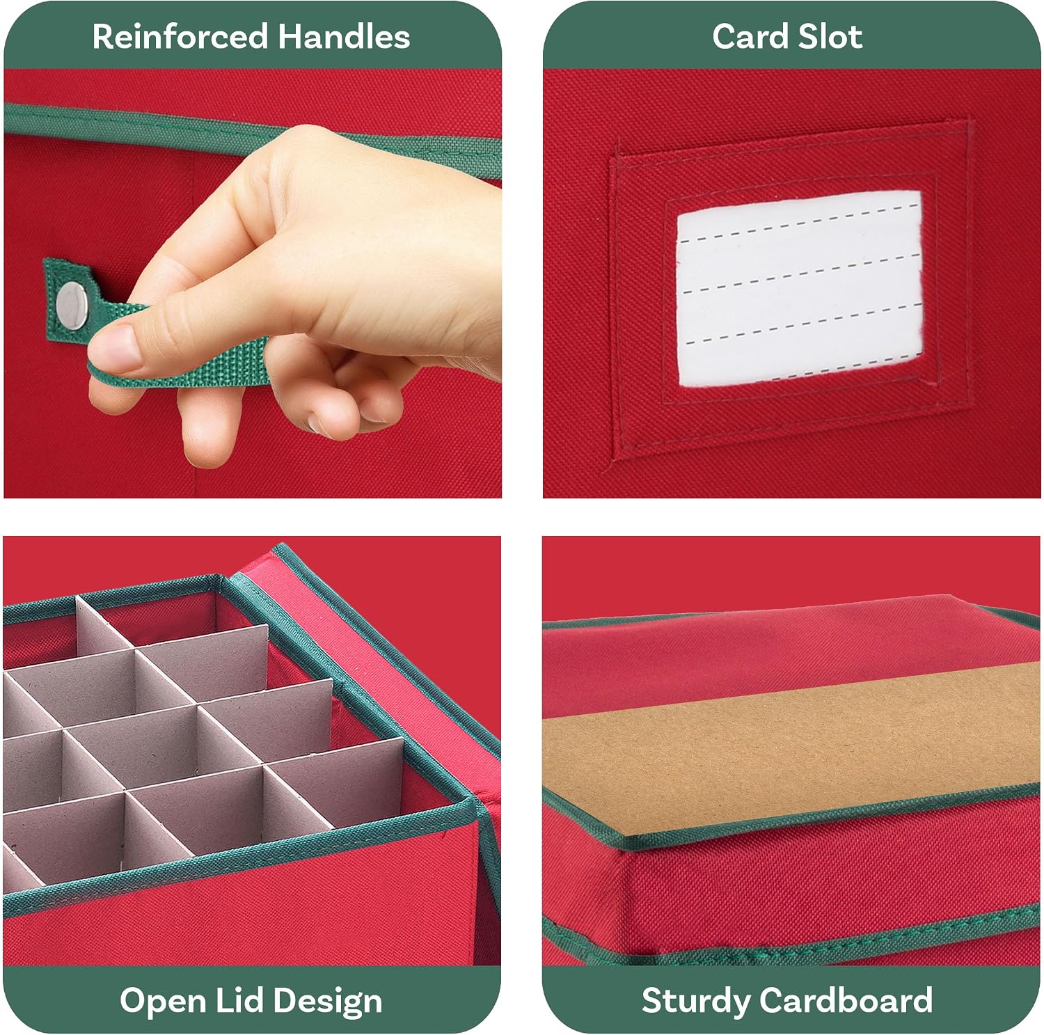 Christmas Decor Storage Box - Red Oxford Canvas Ornament Cube Chest With 64 Compartment Dividers, Riveted Handles, and Lid by Elf Stor
