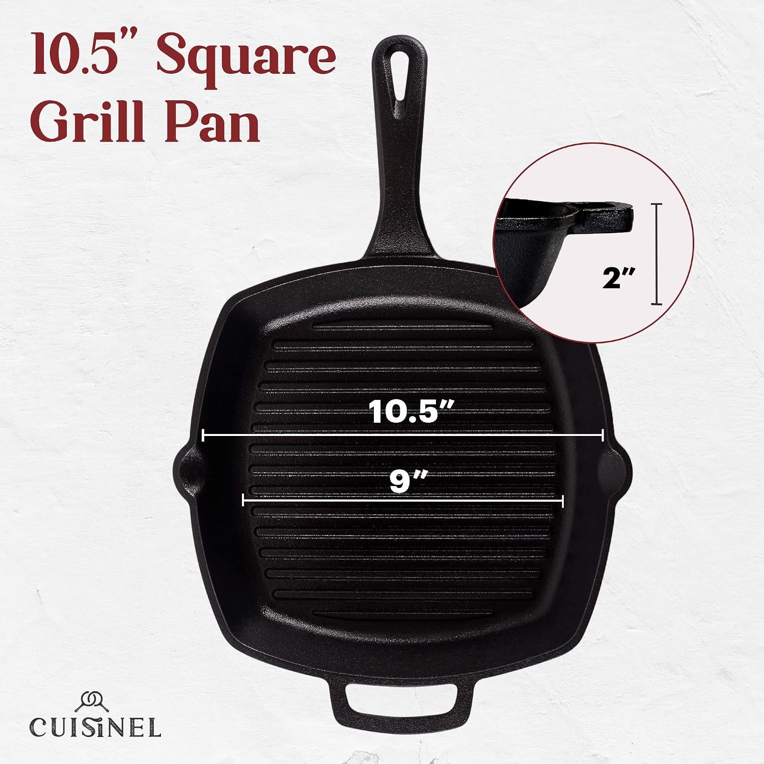 Cuisinel Cast Iron Square Grill Pan + Glass Lid + Pan Scraper + Handle Cover - 10.5" Pre-Seasoned Ridged Skillet - Grill, Stovetop, Fire