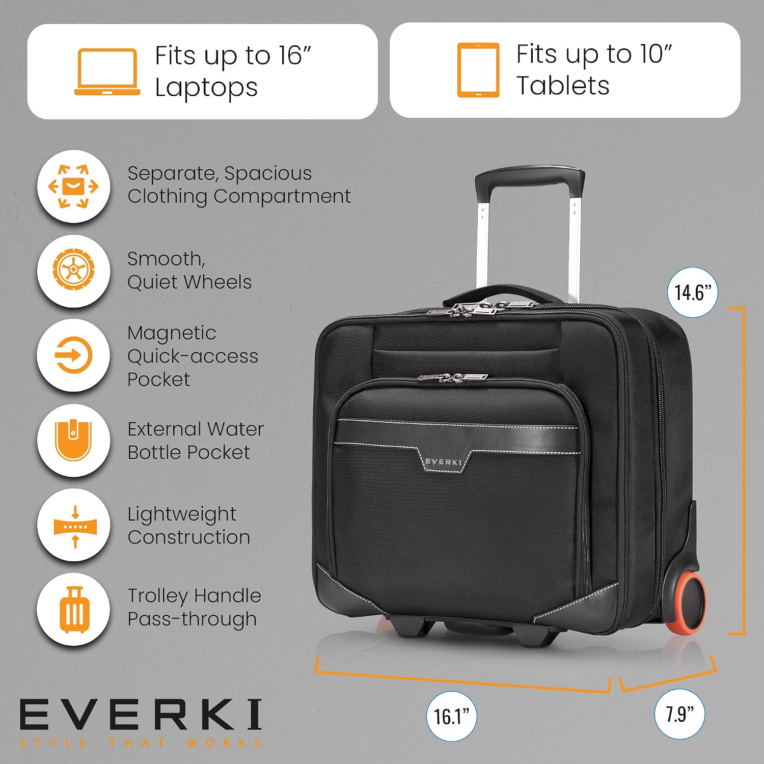 EVERKI Journey Rolling Laptop Briefcase for Men & Women, Black - 27L | Ballistic Nylon, Carry On Luggage w/ Wheels, Business & Travel - Friendly