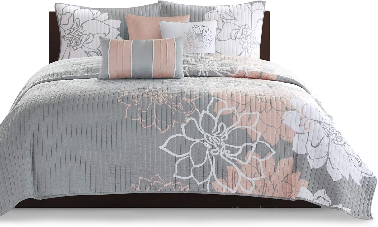 Madison Park Cotton Casual Floral Quilt Set, 6PC Full/Queen Coverlet | Channel Stitching Design, All Season, Lightweight Coverlet Bedspread Bedding, Shams, Decorative Pillows, Taupe Grey/Purple