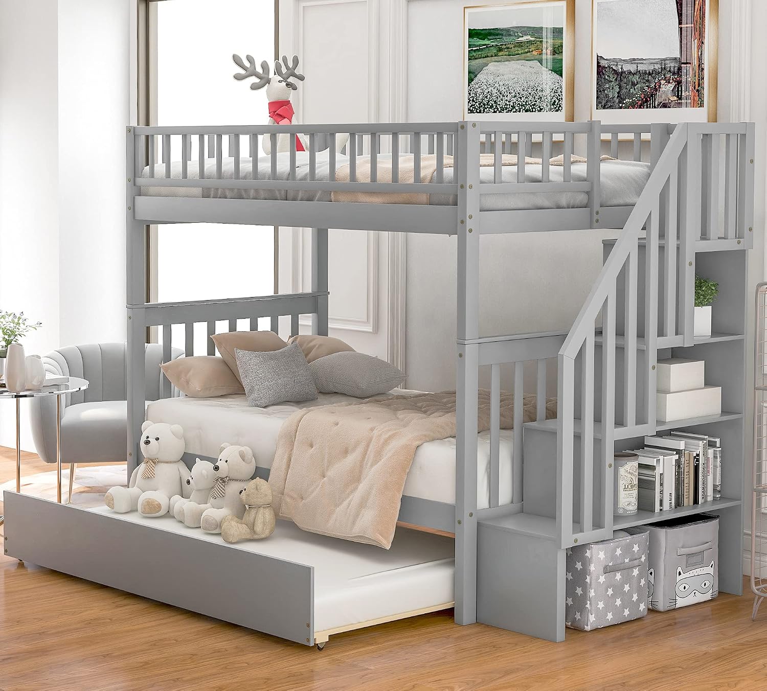 Bellemave Full Over Full Bunk Beds with Stairs Stairway Bunk Bed Frame with Storage Shelves for Teens Adult, Detachable Wood Full Bunk Bed, Gray