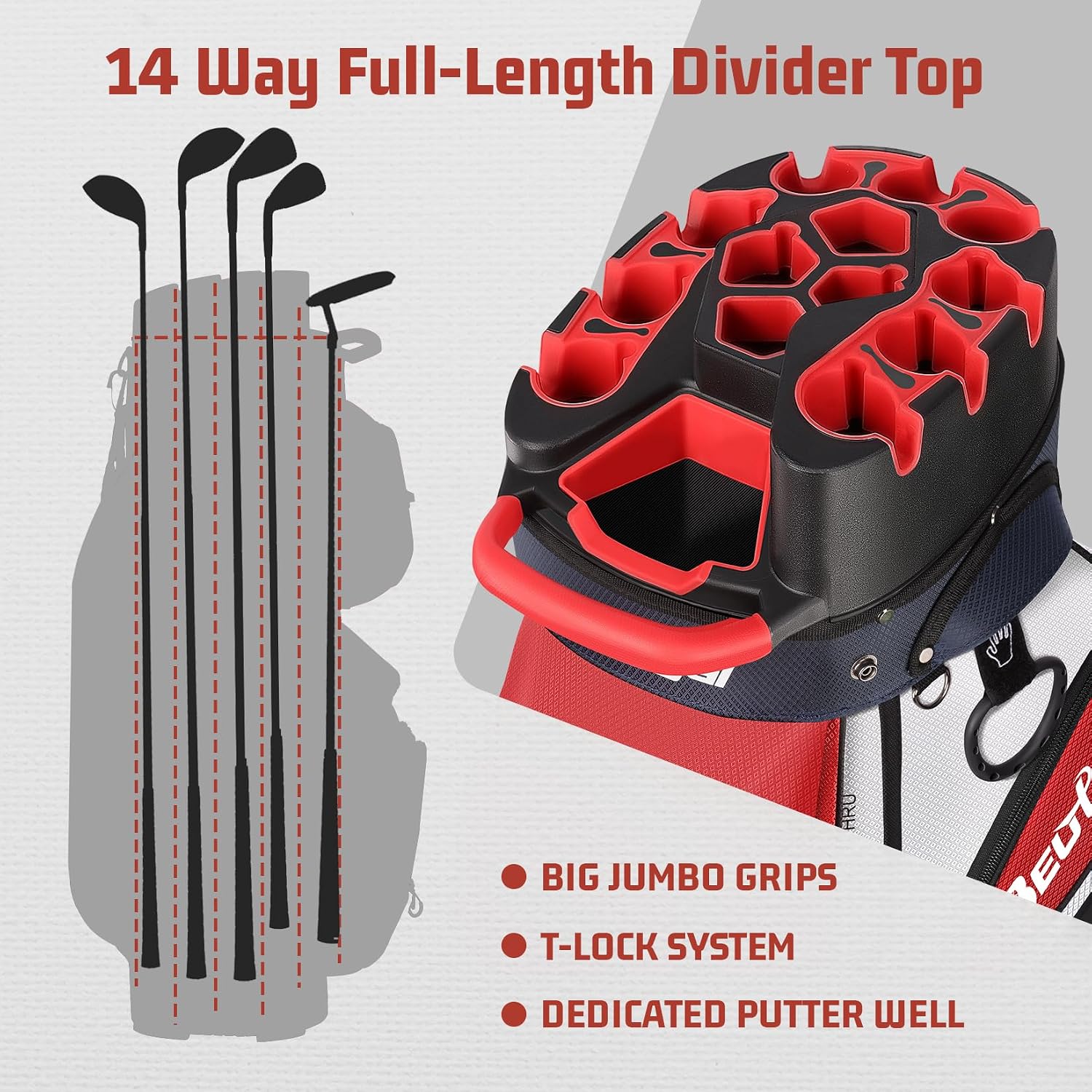T Lock Golf Cart Bag, 14 Way Full Length Divider Golf Bag for Men | USA Flag Design, 14 Way Full Length Dividers, T Lock Compatible, Cooler Pocket