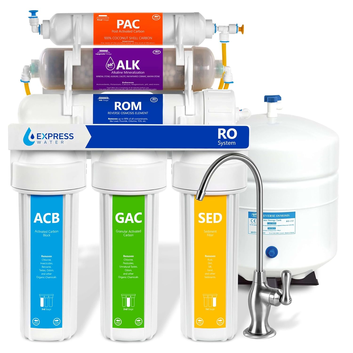 Express Water ROALK5D, 10-Stage Under Sink RO System, Alkaline, 50 GPD | NSF Certified 372, Deluxe Chrome Facuet, Reduces 99% of Impurities, BPA Free, Leak Detection