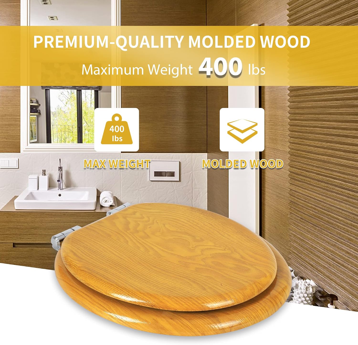 Angel Shield Toilet Seat with Zinc Alloy Hinges Quiet-Close Quick-Release Wood Molded UV Lid Easy Clean(Elongated,Black)