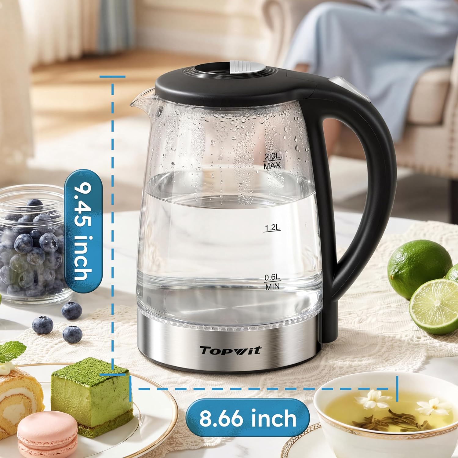 TOPWIT 2.0L Glass Electric Kettle, Hot Water Boiler, BPA-Free