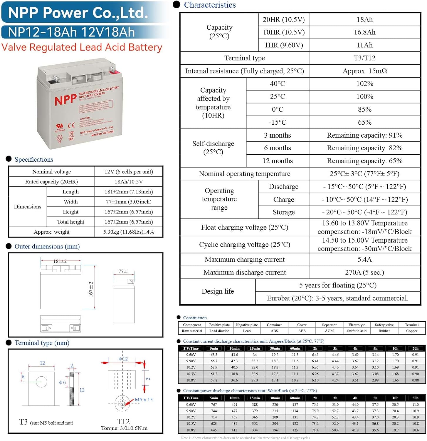 NPP NP12-18Ah 12V 18Ah (T12), 12Volt Rechargeable SLA Battery for UPS Electric Scooter, Replaces Pride Mobility Go-Go Elite Battery,UB12180 FM12180 6fm18