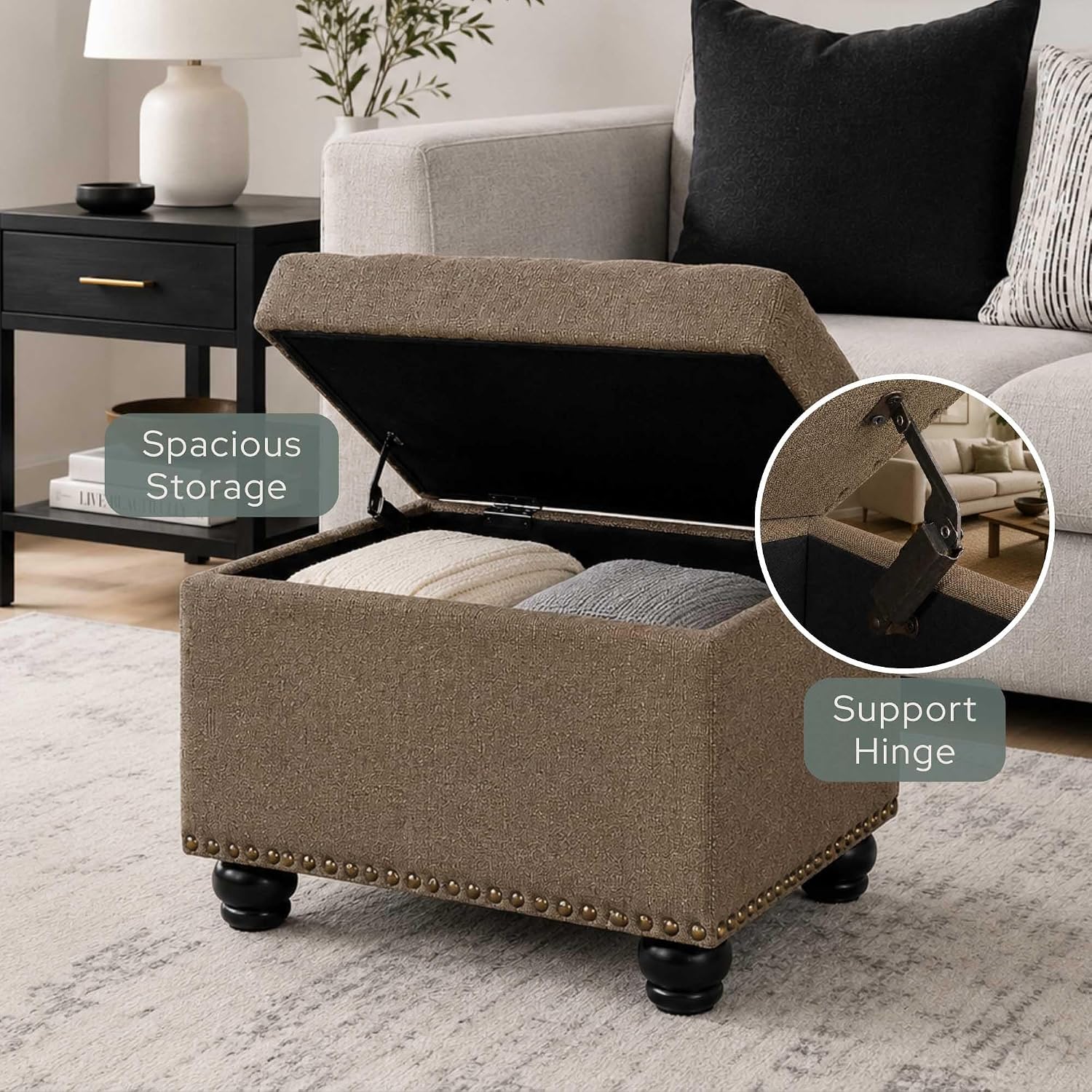 Convenience Concepts Designs4Comfort 5th Avenue Storage Ottoman 24" - Contemporary Foot Stool and Seat with Hinged Lid for Living Room, Dining Room, Office, Den, Espresso Faux Leather
