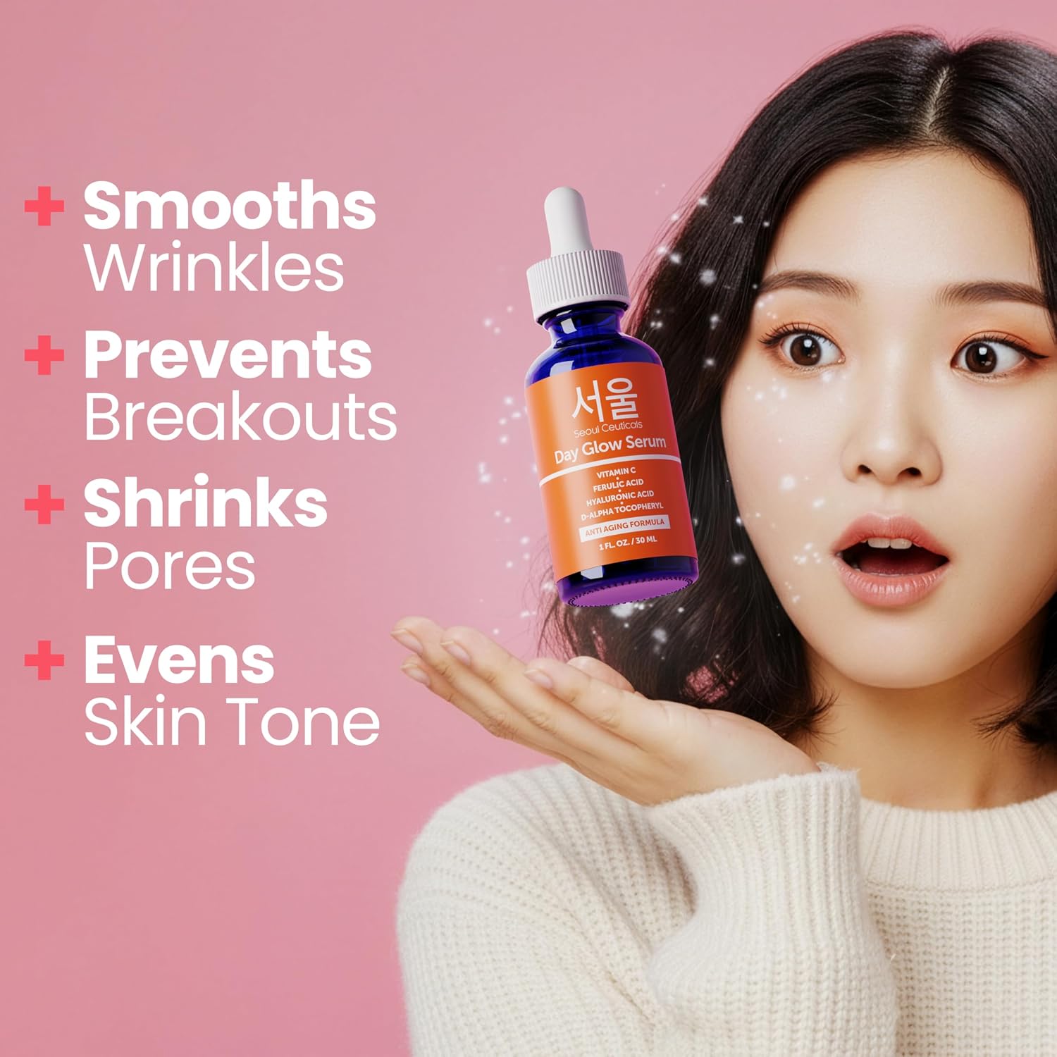 SeoulCeuticals Korean Skin Care 20% Vitamin C Serum for Face + CE Ferulic | 1oz C E Ferulic Vit C Facial Oil with Hyaluronic Acid, Vitamina E, Vegan, Cruelty Free, Anti Aging K Beauty Glow C+E Skincare