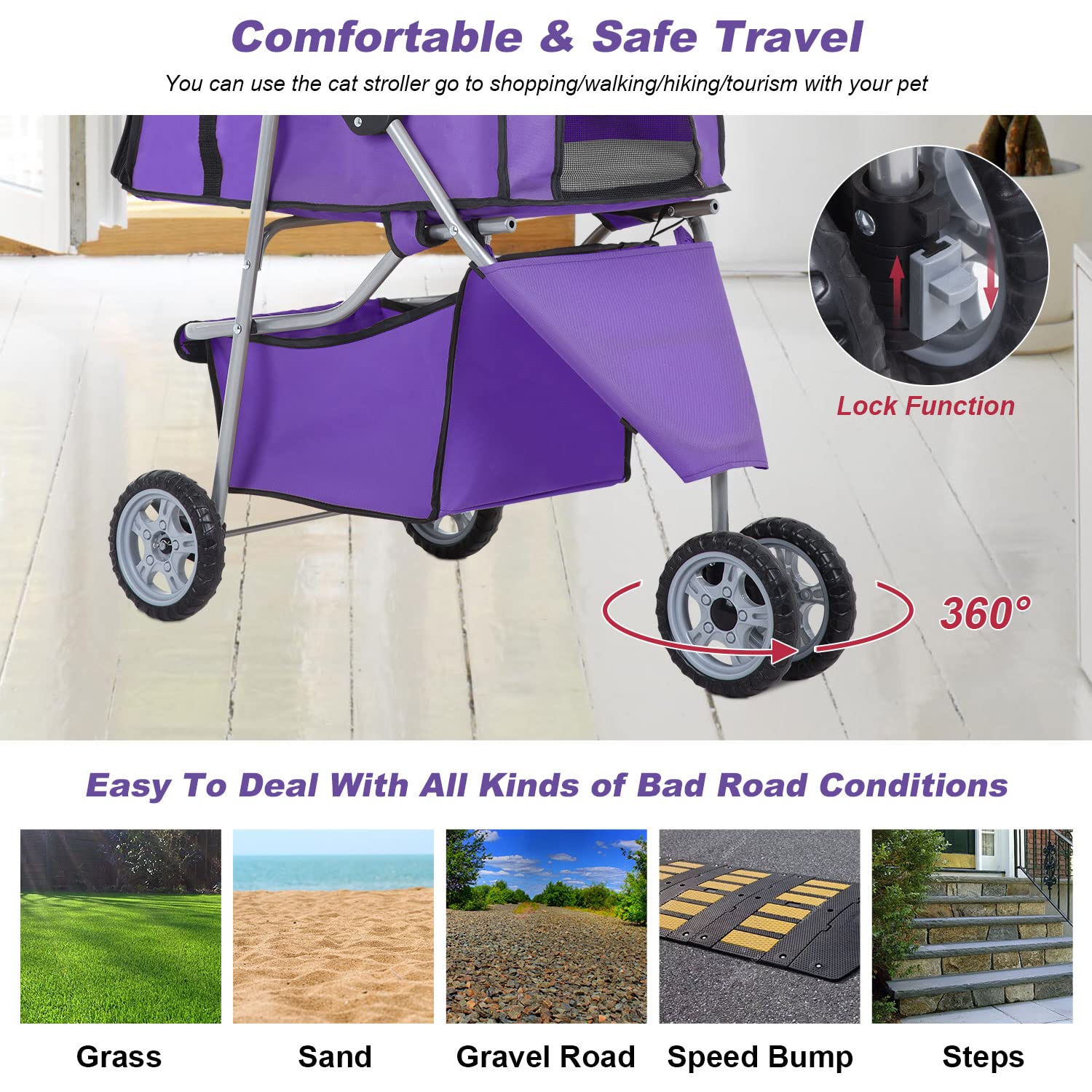 BestPet | 4-Wheel Foldable Pet Stroller | Black | Lightweight & Portable | Travel Carrier with Mesh Windows, Storage Basket, Cup Holder, Safety Brakes, and Waterproof Fabric | For Small Dogs and Cats