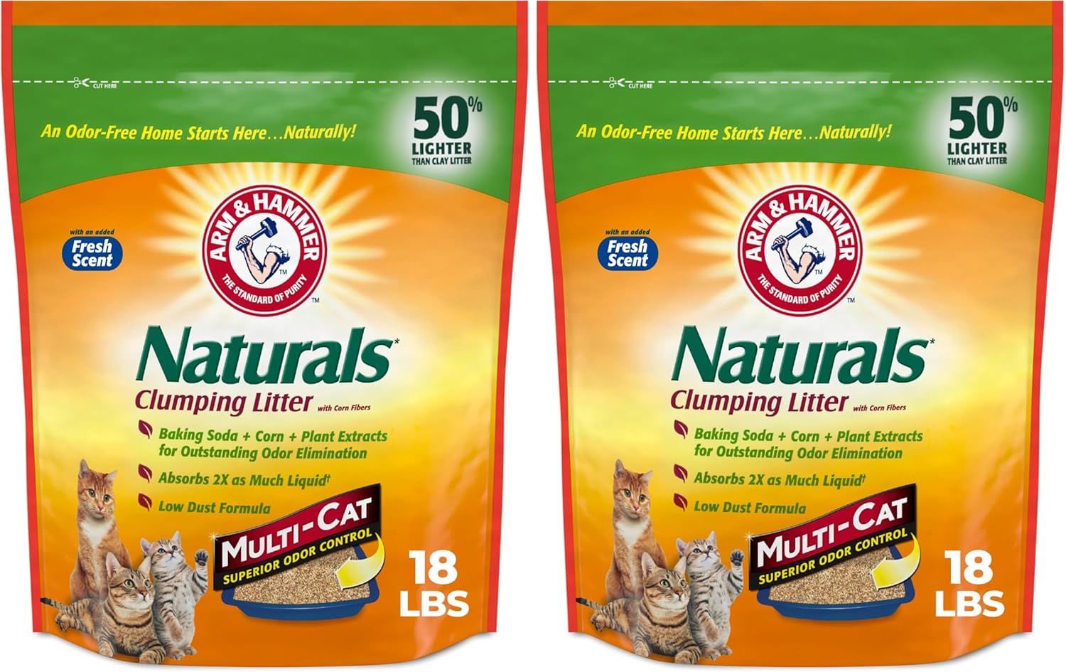 ARM & HAMMER Naturals Clumping Cat Litter, Multi Cat, 18 lbs | Plant-Based, Easy Scoop Clumps, Outstanding Odor Control, 2X Liquid Absorption, Low Dust, Lightweight Formula