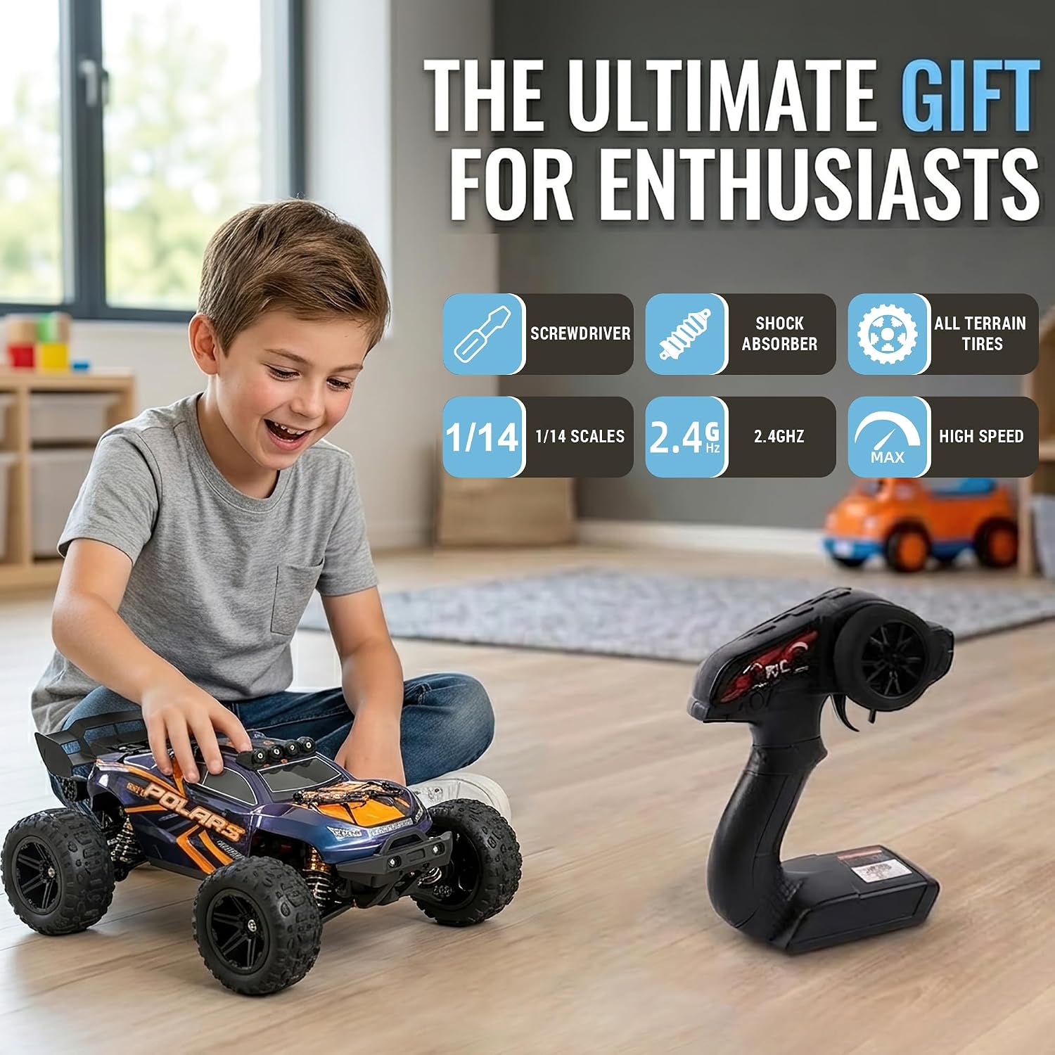 V3 1/14 Fast RC Cars for Adults, 4x4 Offroad Waterproof Monster Truck | 40+ mph High Speed Remote Control Drift Buggy Car , Electric Powered All Terrain Truggy with 2S Battery for Snow Sand