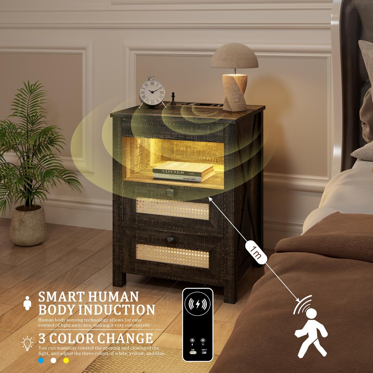 LED Night Stand with Gun Drawer & Charging Station | Human Sensor Lights, Hidden Storage, Farmhouse Rattan Style, 3 Drawers, Bedside Table for Bedroom, End Tables Livingroom