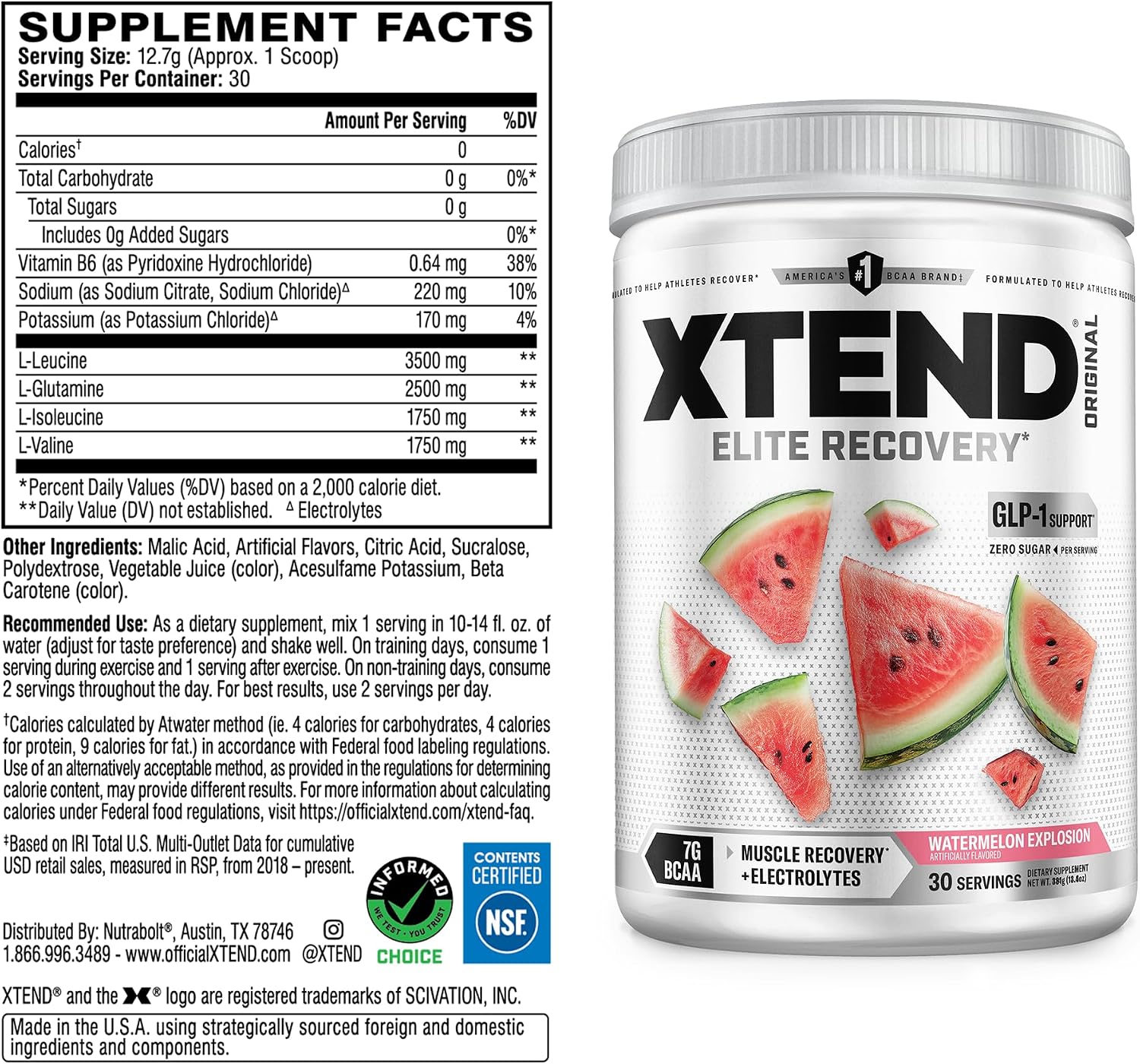 Xtend Original BCAA Powder, 7g BCAAs and 2.5g L-Glutamine for Muscle Recovery Hydration and Lean Muscle, Sugar Free Intra and Post Workout Drink with Electrolytes, Watermelon Explosion, 30 Servings