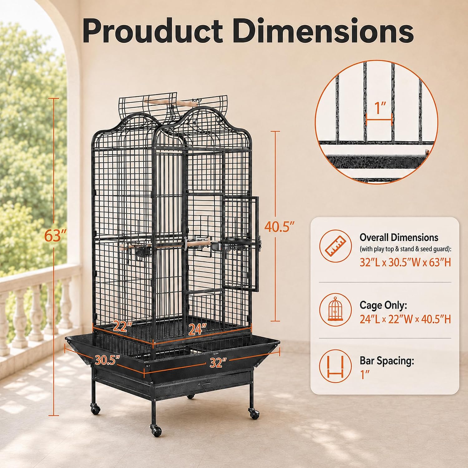 Yaheetech Extra Large Bird Cage 63'' Open Play Top Bird Cage for African Grey Parrots/Amazon Parrot/Caiques/Macaw with 360° Wheels