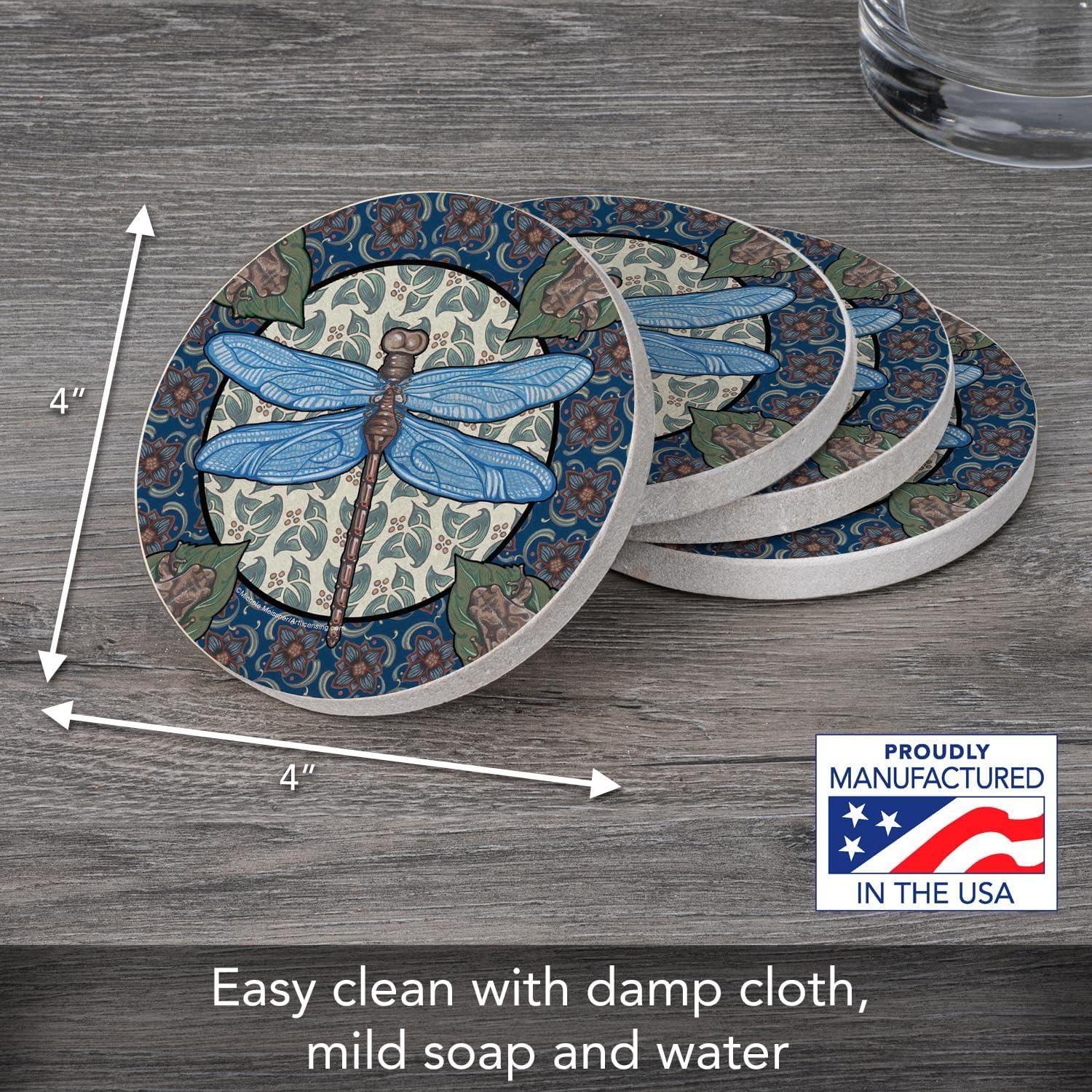 Thirstystone Apple Dragonfly 4 Pack Round Natural Sandstone Coasters | Manufactured in the USA, Decorative, Easily Wipes Clean