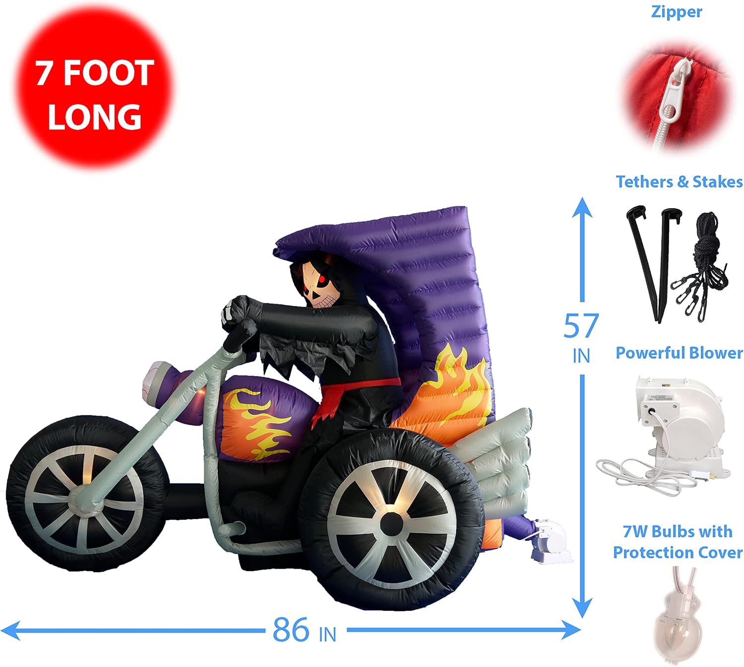 7 FT Long Halloween Inflatable Grim Reaper on Motorcycle | Lights, Outdoor Indoor, Blow Up Lighted Yard Decor, Lawn Inflatables