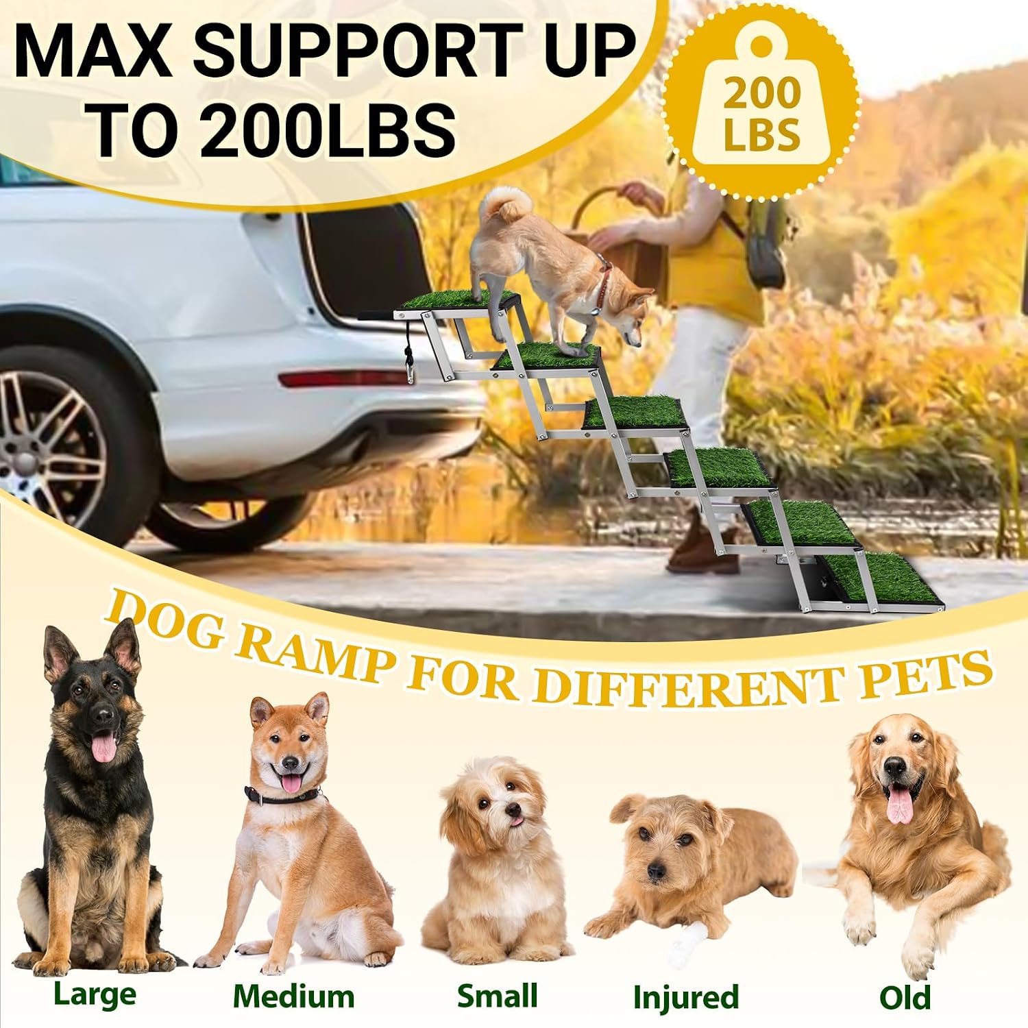 Foldable Dog Stairs for Car,17" Extra Wide Pet Ramp for Large Dog,6 Steps | 17" Extra Wide 200LBS Capacity Lightweight Portable Reinforced Pet Ramp for SUV Truck High Bed