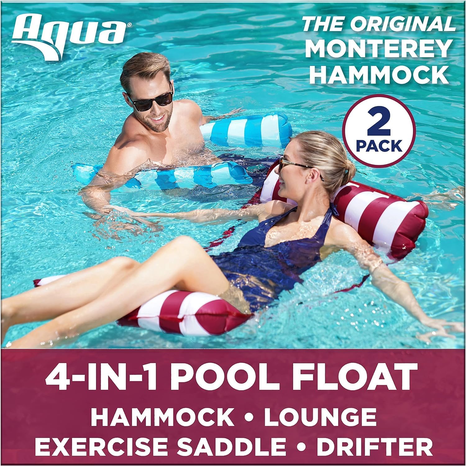 Aqua 4-in-1 Monterey Hammock Pool Float & Water Hammocks – 2-3-4 Multipacks – Multiple Colors/Styles – for Adults and Kids Floating