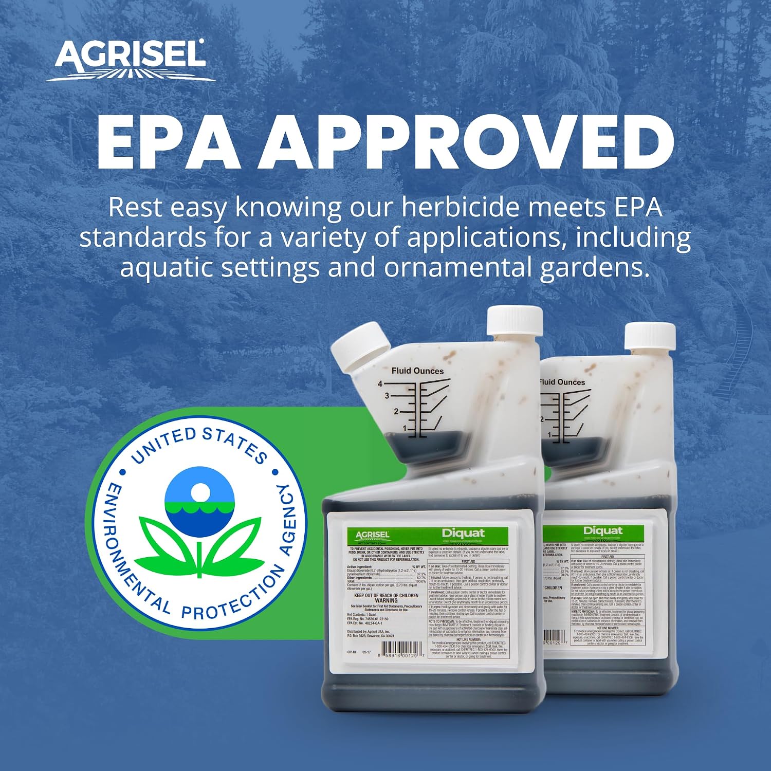 Agrisel Diquat Weed Killer, Pet Safe, 32 Ounces | Fast-Acting Formula for Aquatic and Landscape Weeds, Safe on Ornamentals, Visible Results in 1-2 Days