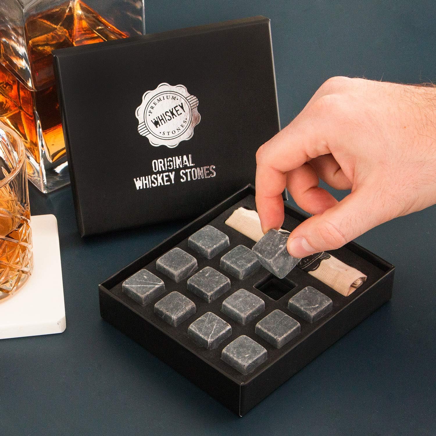 Premium Whiskey Stones Gift Set with 12 Pcs Stones and Bag. Whiskey, Bourbon, Cognac, Scotch, Gin