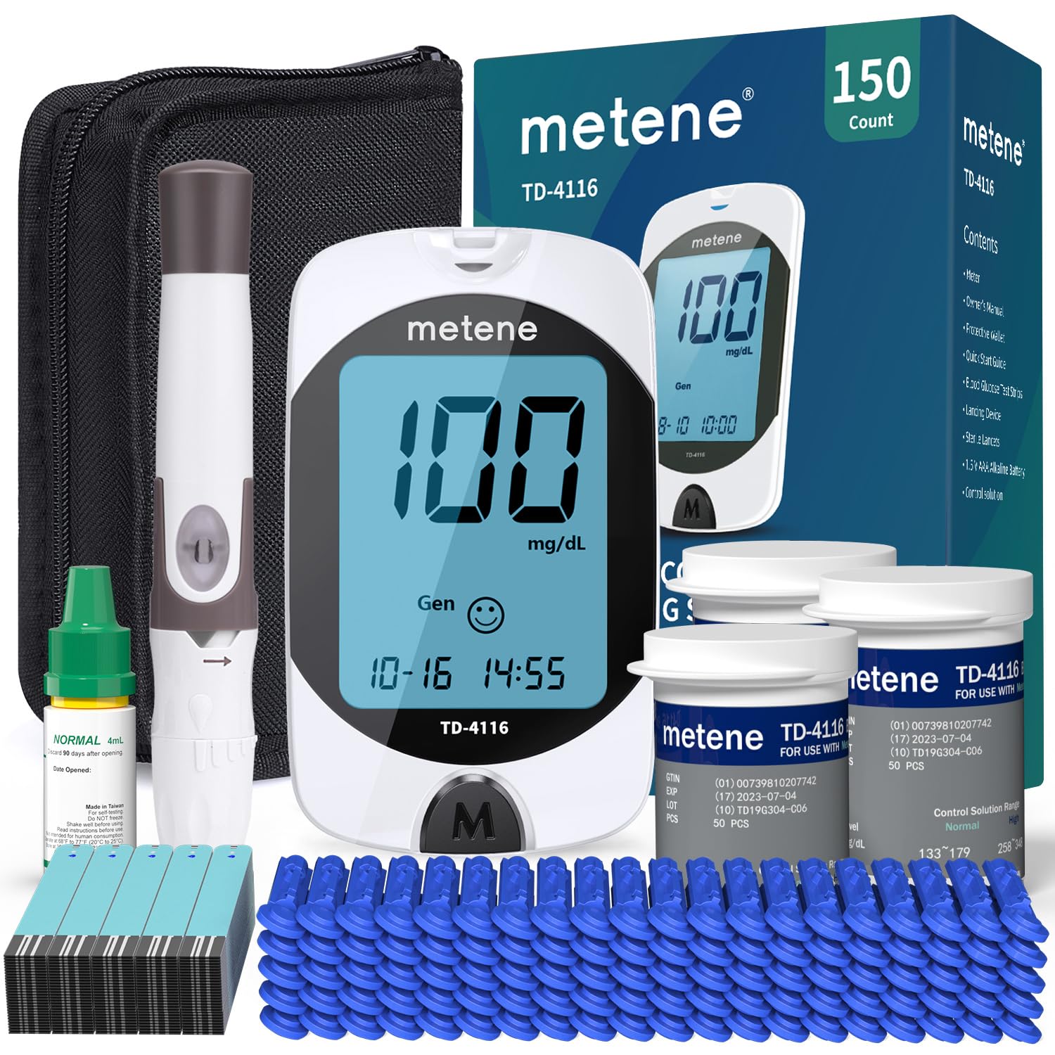 Metene TD-4116 Blood Glucose Monitor Kit, 100 Glucometer Strips, No Coding