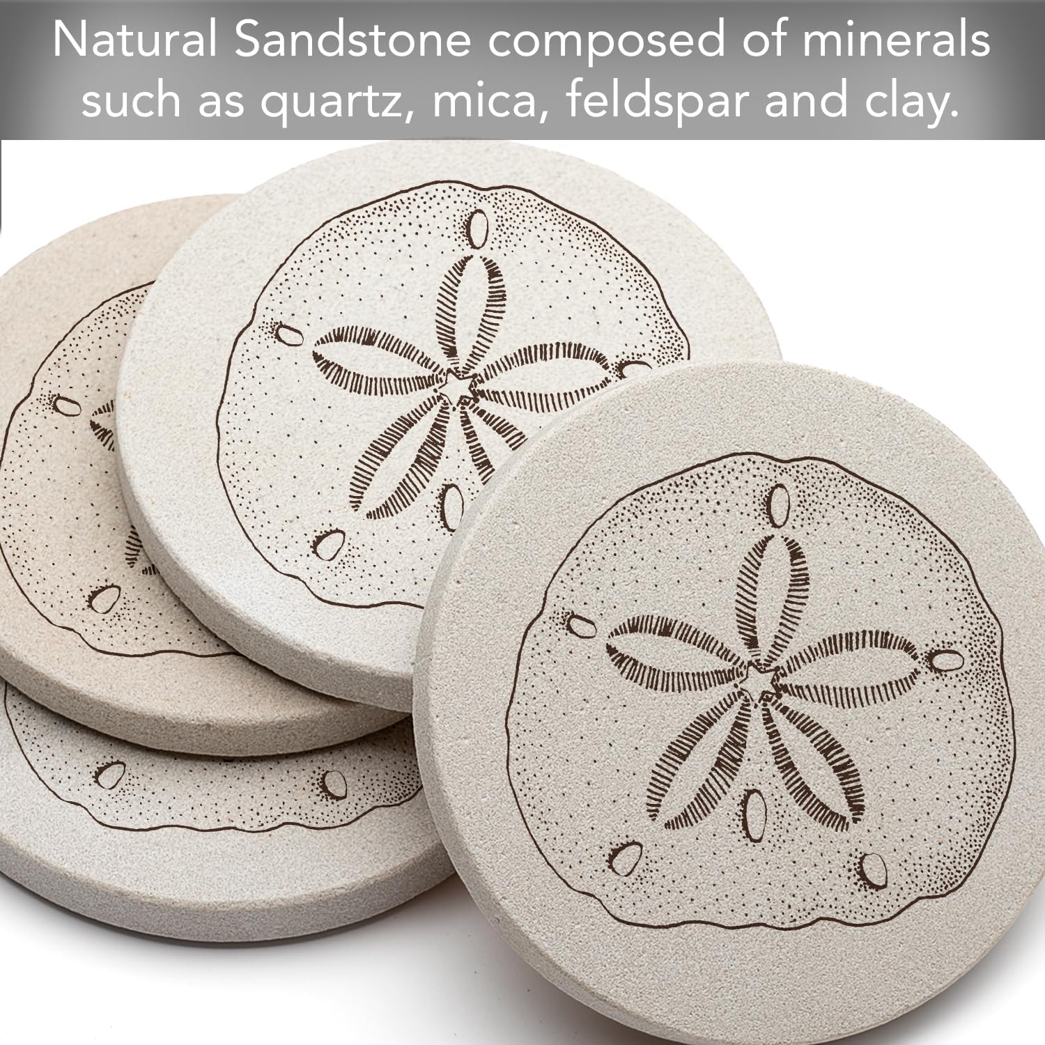 Thirstystone Sand Dollar Round Stone Coaster 4 Pack | Manufactured in the USA Decorative, Easily Wipes Clean