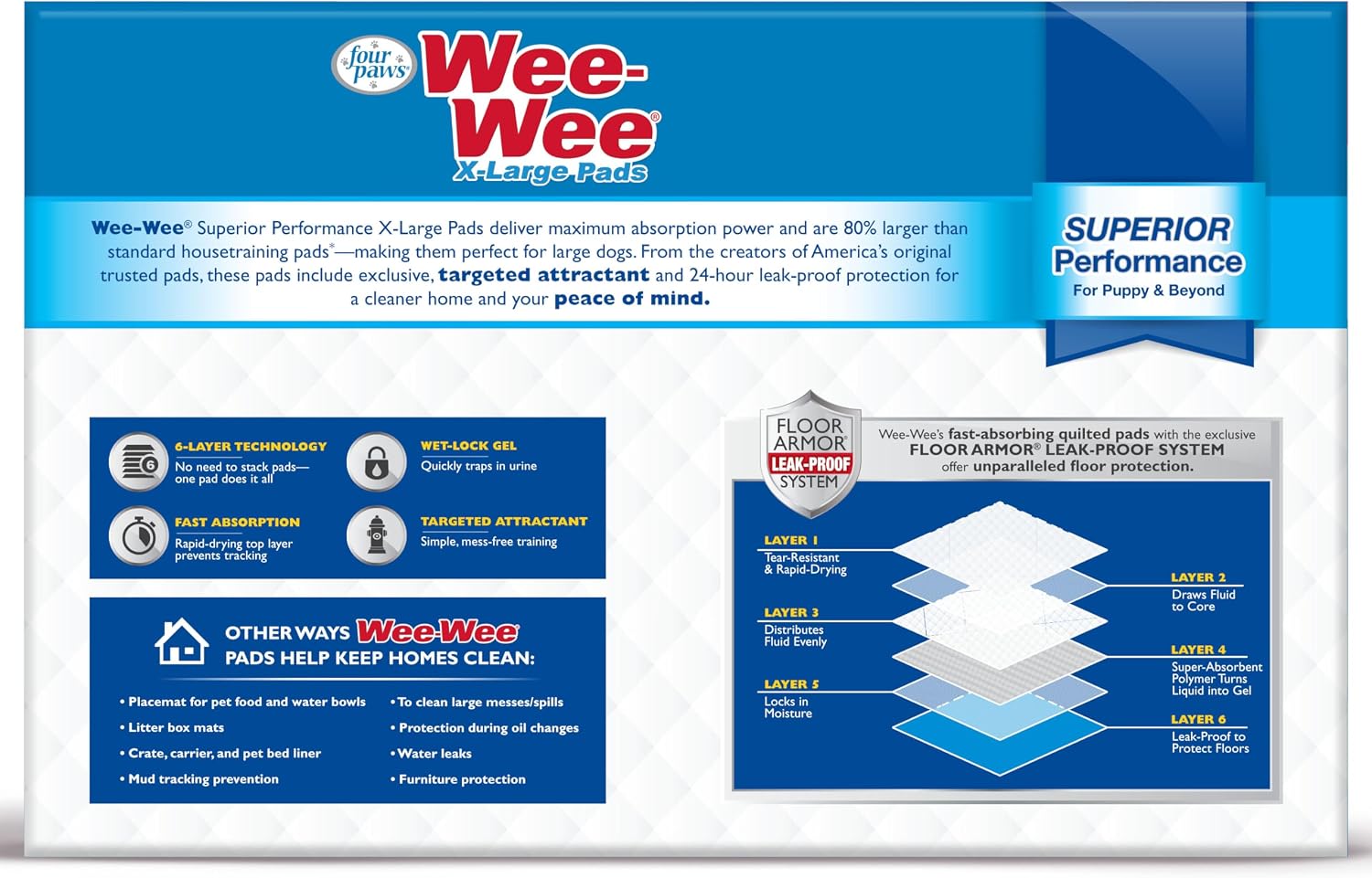 Four Paws Wee-Wee Superior Performance X-Large Dog Pee Pads, 40 Count | Puppy & dog potty training pads, housebreaking supplies, xl puppy pads, pet supplies, 24-hour floor protection, 28" x 34"