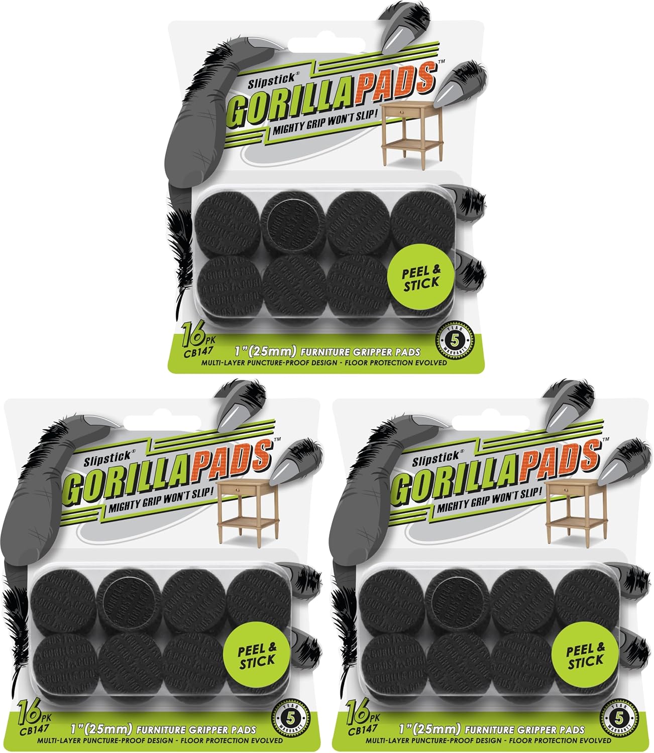 Slipstick GorillaPads CB149 Non-Slip Furniture Pads/Rubber Grippers (Set of 8) Self-Adhesive Furniture Feet Floor Protectors, 1-1/2 inch Round, Black