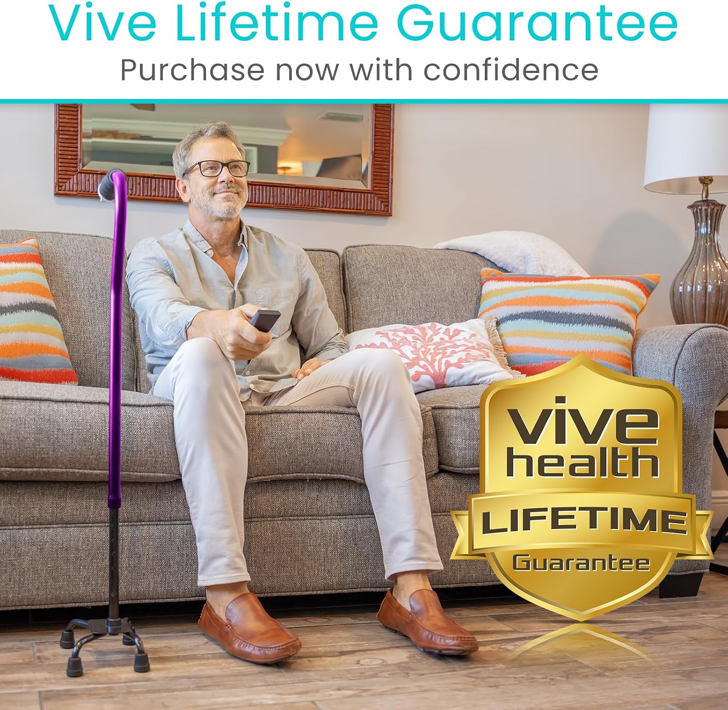 Vive Quad Cane - Walking Stick for Men and Women - Lightweight Adjustable Staff - Comfortable Right and Left Hand Grip for Stability Support - Four Prong Sturdy Aluminum Travel Aid - 4 Tip Blue | Senior 4 Prong Walking Stick for Stability & Balance- Righ…