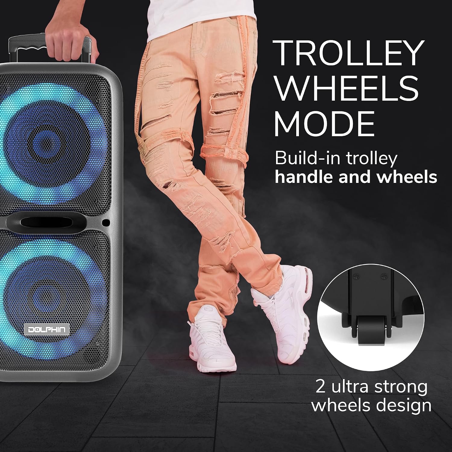 Dolphin SP-2120RBT Dual 12" Party Speaker with Stand Bundle – High-Power Bluetooth Speaker with Sound-Activated Lights & Adjustable ST-200 Stand