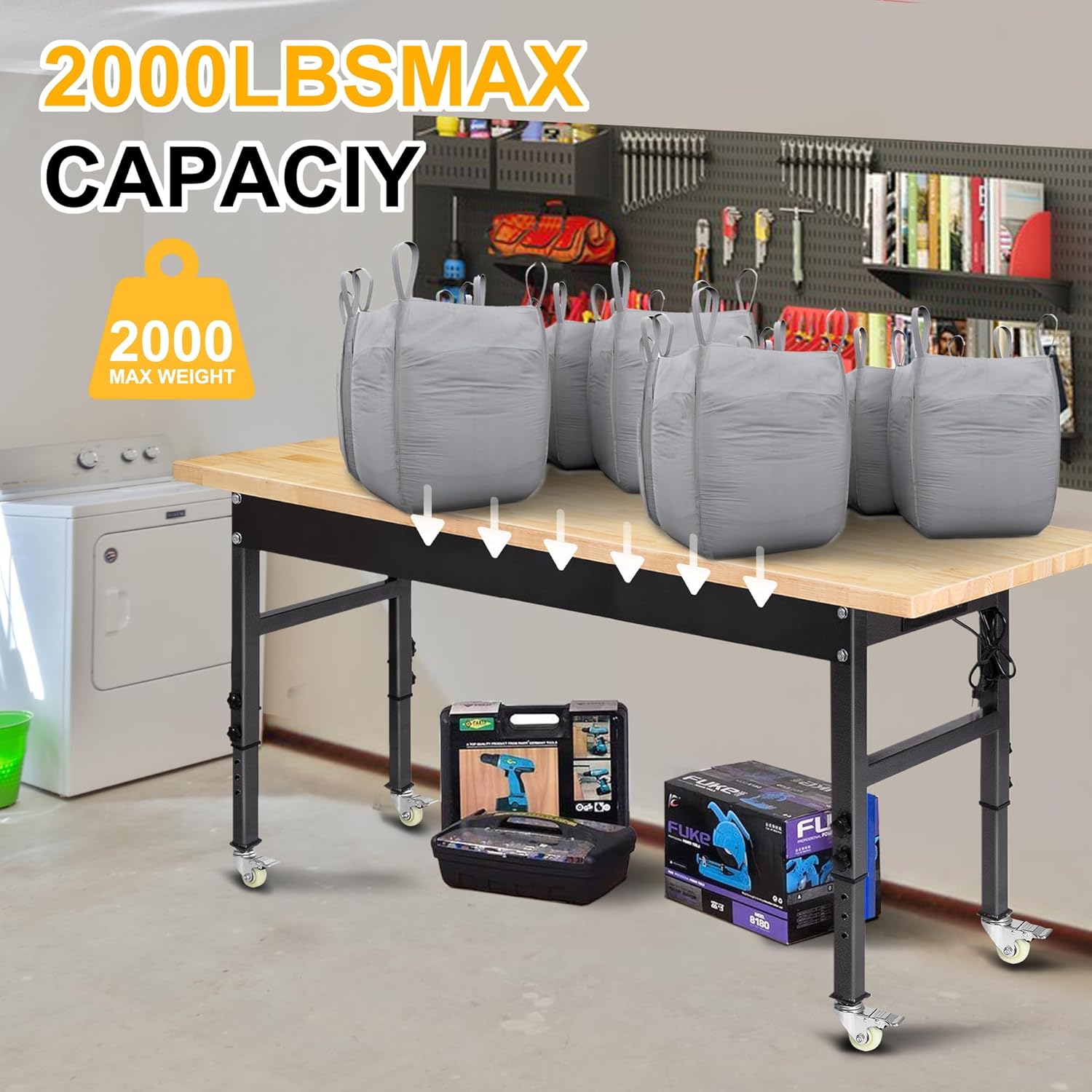 60" Adjustable Work Bench, Rubber Wood Top Workbench | Heavy-Duty Work Table with Power Outlet and Wheels