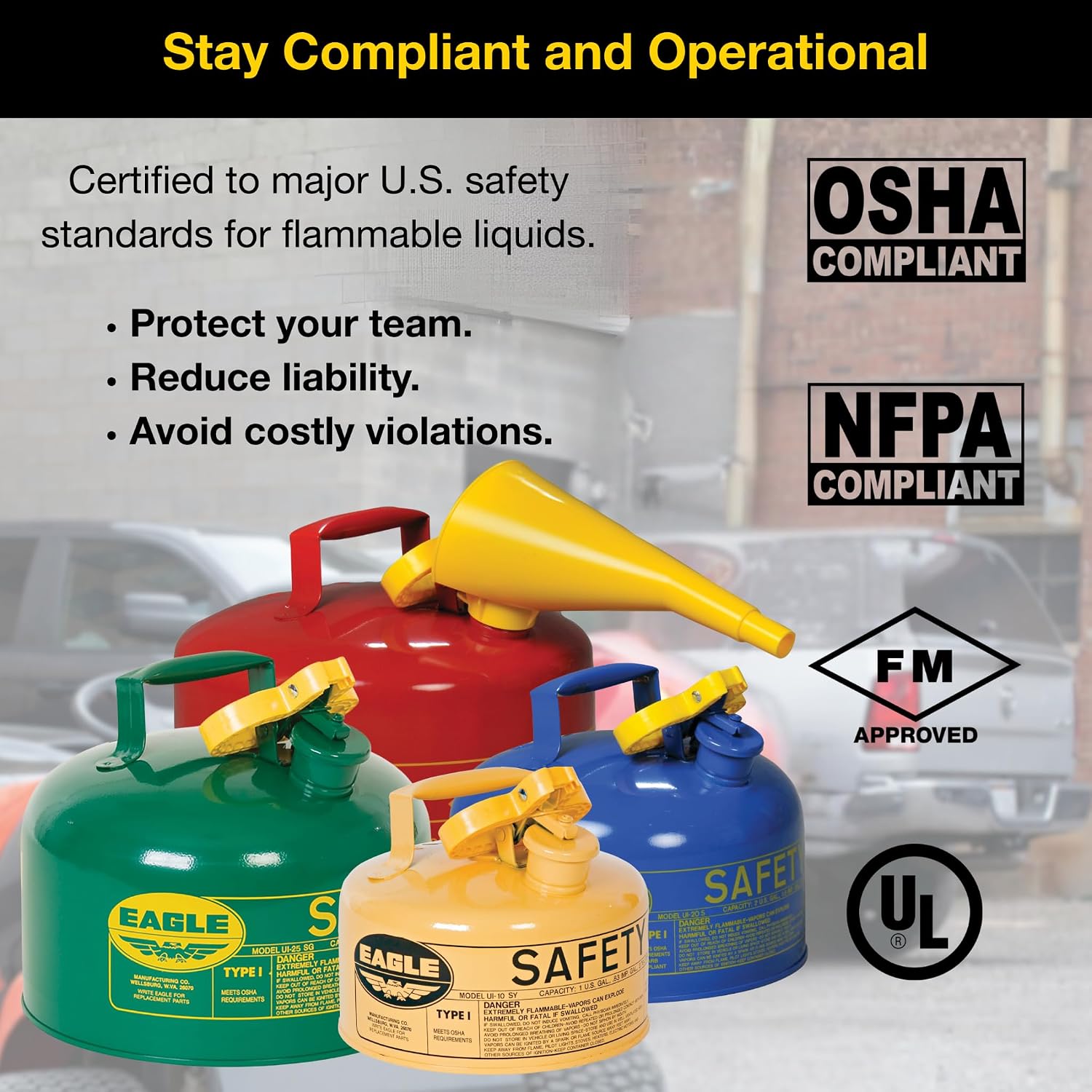 Eagle 5 Gallon Type I Green Safety Gas Can for Oil and Other Combustibles | Flame Arrester, Self-Closing Lid, and F-15 Funnel, Made in the USA