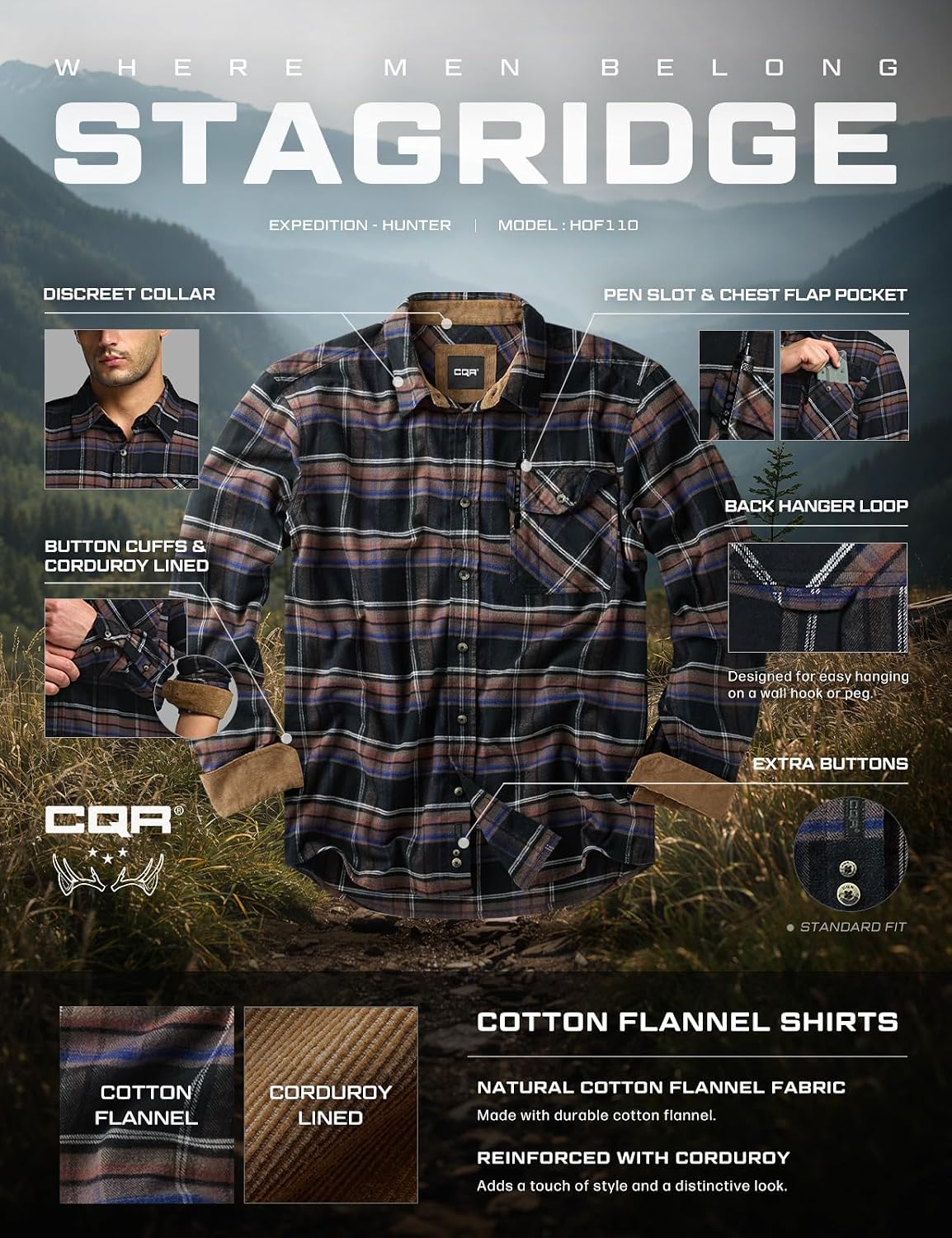 CQR Men's 100% All Cotton Button Down Flannel Shirts, Long Sleeve Brushed Warm Soft Casual Outdoor Plaid Shirt