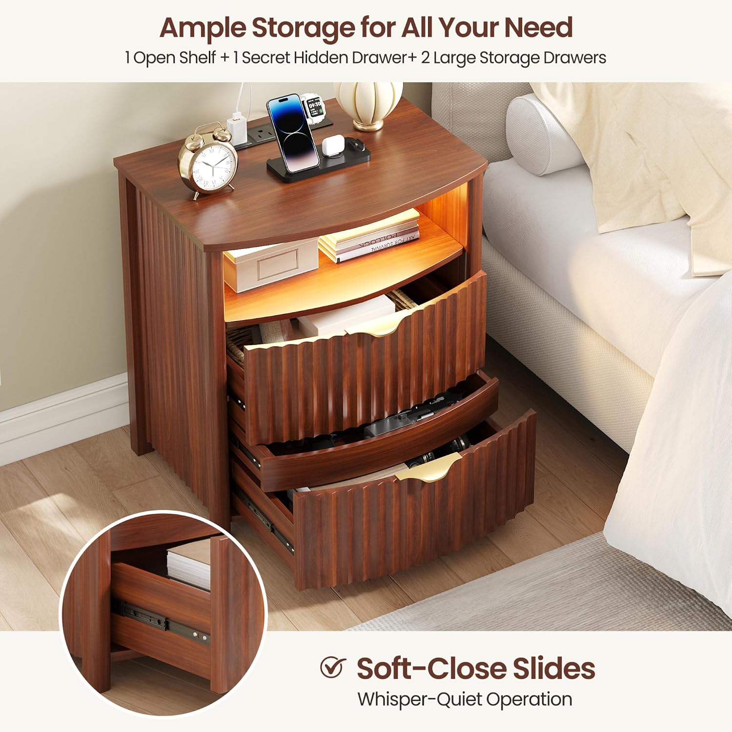 Dystler Fluted LED Night Stand with Hidden Gun Drawer & Charging | 19.7" W Curved Smart Bedside Table, 3-Color LED lights, 2 Drawers, Nightstand with Card-Lock, End Table for Bedroom, Walnut