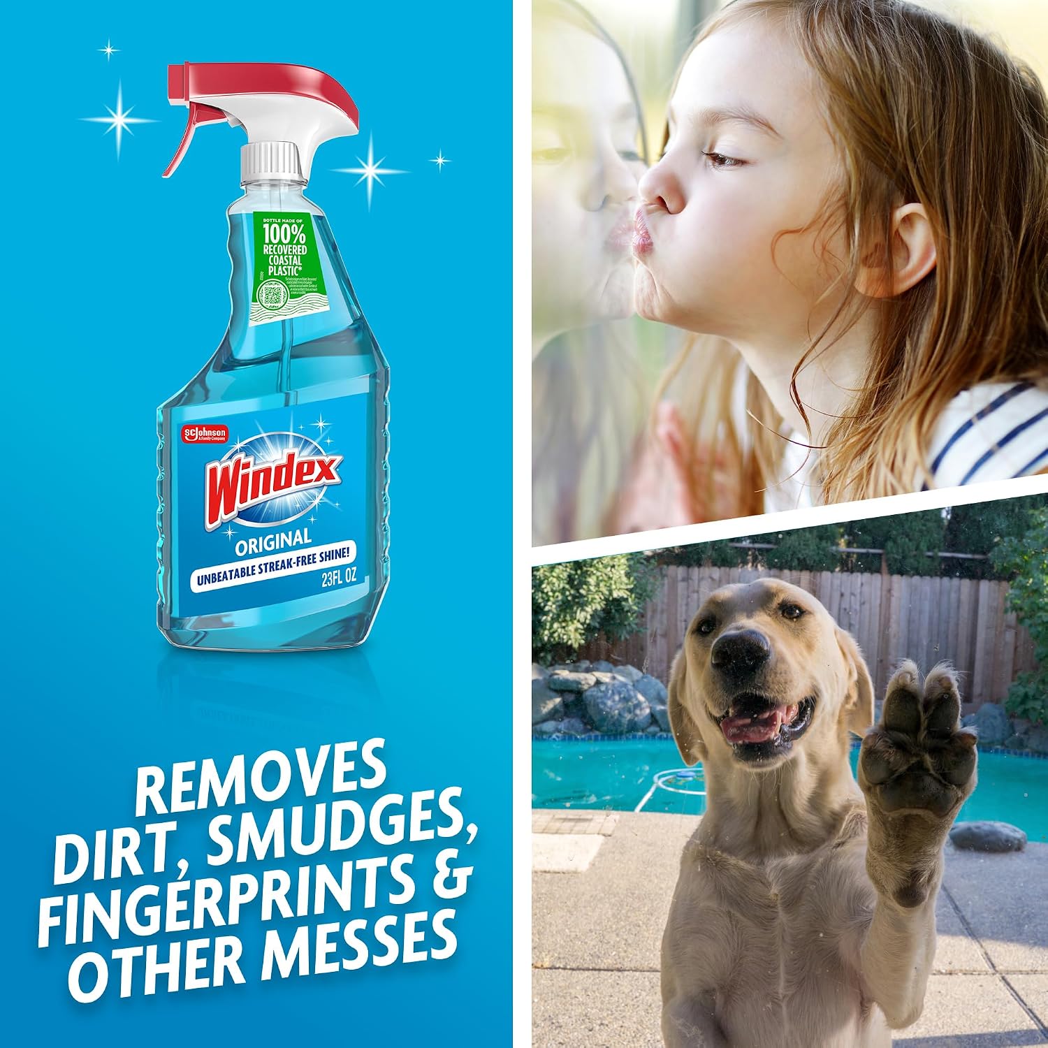 Windex refill glass and window cleaner, made from 100% recycled plastic, surface cleaning spray, original blue scent, 2L (67.6 fl oz)