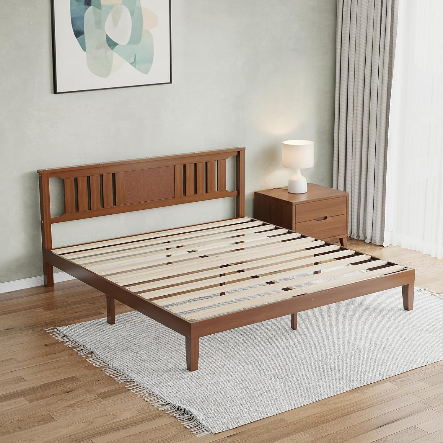 Solid Wood Bed Frame, Queen Size Platform Bed Frame with Headboard, Sturdy Wood Slat Support, Heavy Duty, No Box Spring Needed, Noise-Free, Easy Assembly