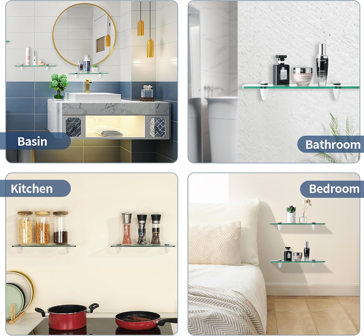 Alise Bathroom Glass Shelf, 15 Inch Floating Shelves for Wall, Matte Black