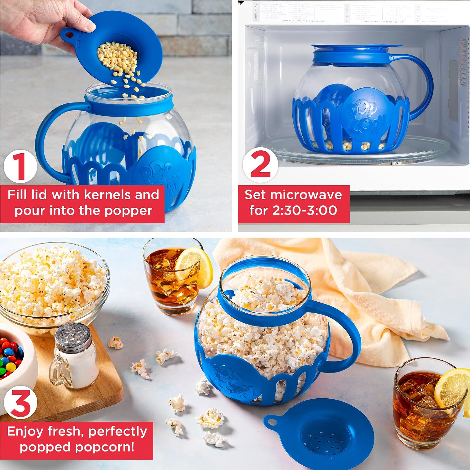 Ecolution Patented Micro-Pop Microwave Popcorn Popper with Temperature Safe Glass, 3-in-1 Lid Measures Kernels and Melts Butter, Made Without BPA, Dishwasher Safe, 3-Quart, Red