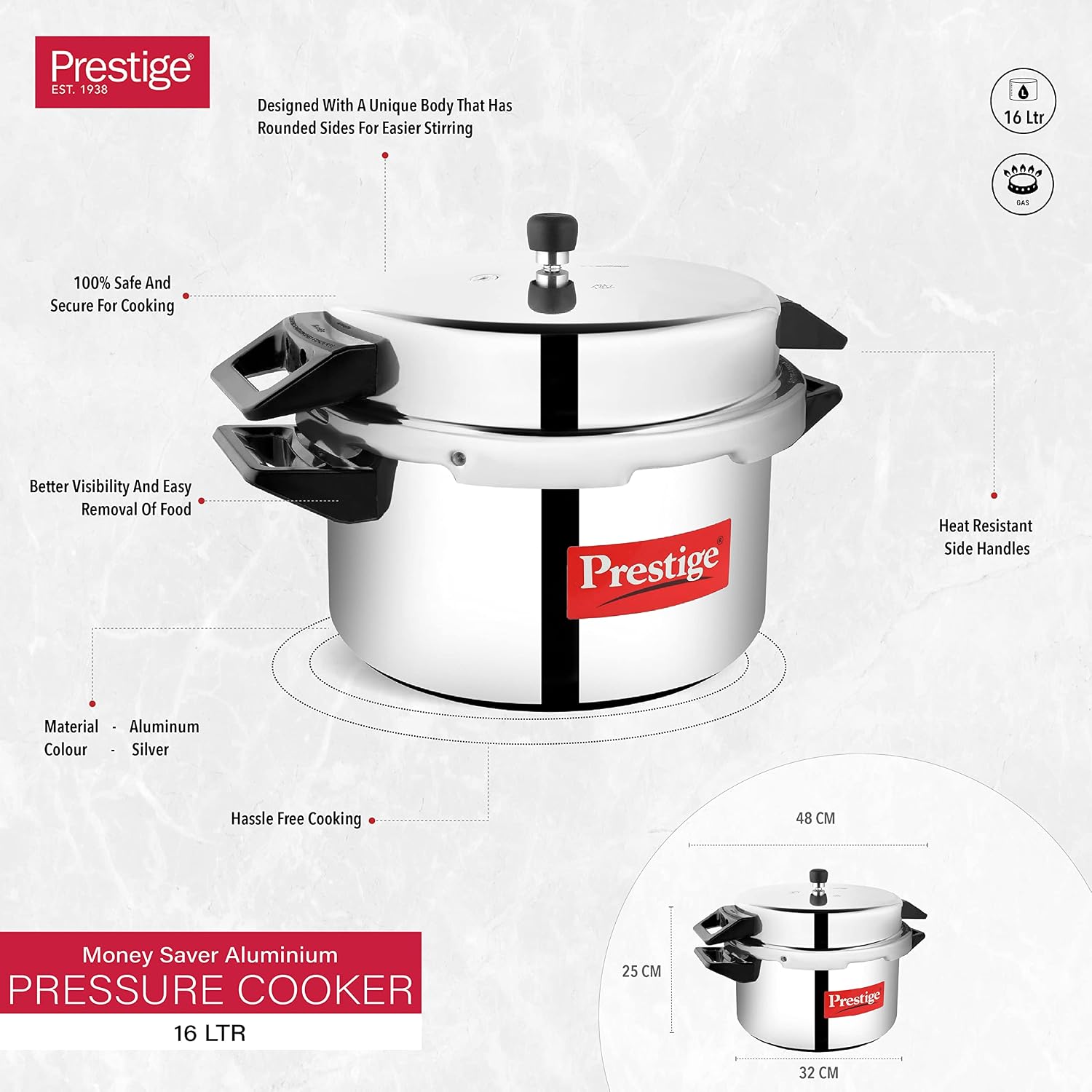 Prestige Popular Aluminum Pressure Cooker, 5 L, Silver