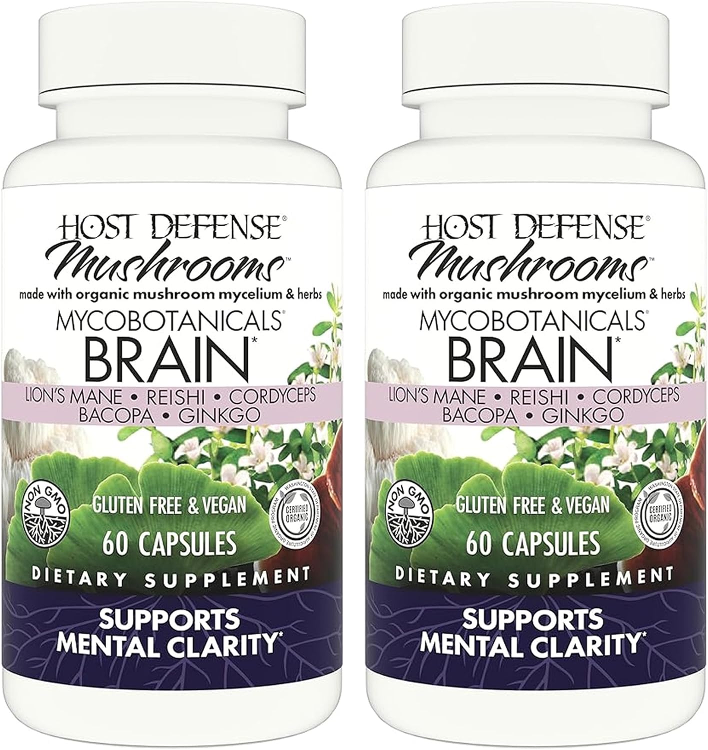 Host Defense MycoBotanicals Brain* Capsules - Brain Support Supplement with Lion's Mane, Reishi & Cordyceps Mushroom - Herbal Supplement for Memory & Focus Support - 60 Capsules