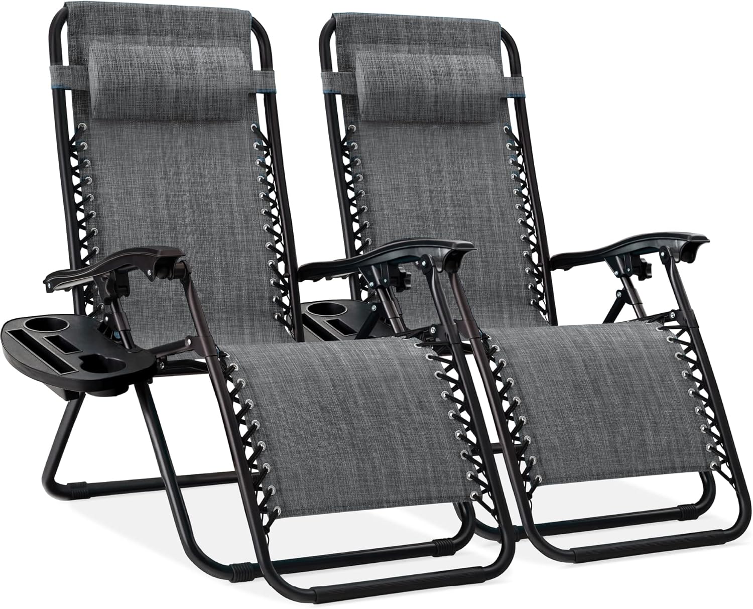 Best Choice Products Set of 2 Adjustable Steel Mesh Zero Gravity Lounge Chair Recliners w/Pillows and Cup Holder Trays - Light Blue
