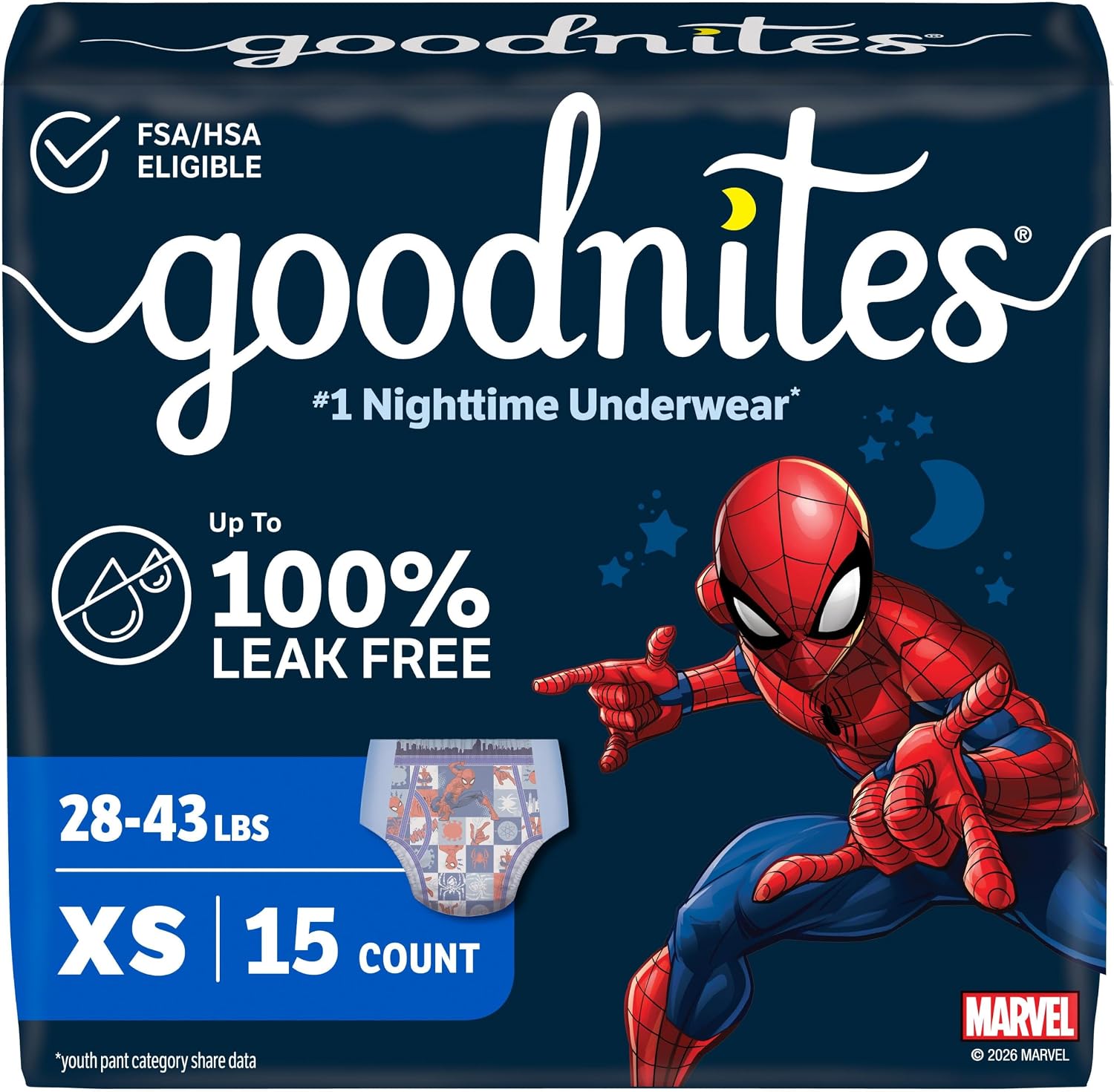 Goodnites Boys' Nighttime Bedwetting Underwear, Size S/M (43-68 lbs), 44 Ct (2 Packs of 22), Packaging May Vary
