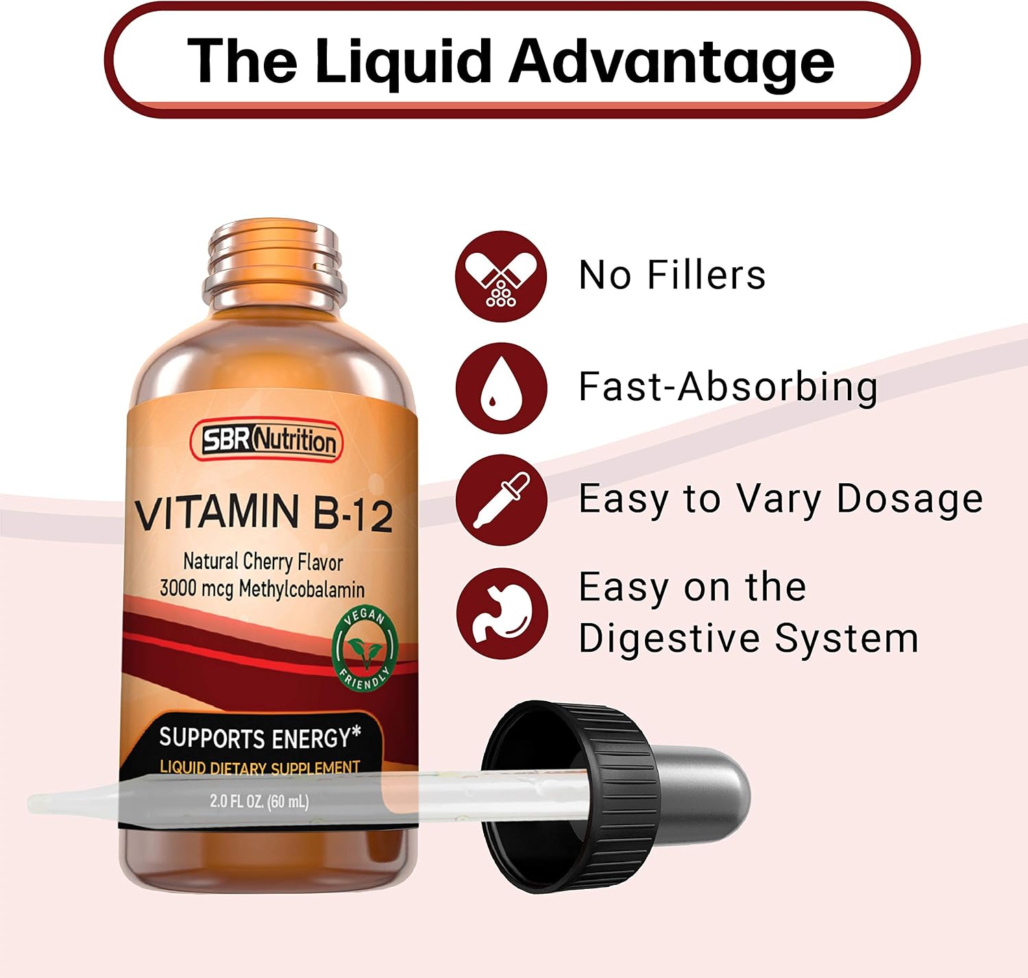 SBR Nutrition Vitamin B12 Sublingual Liquid Drops - Methylcobalamin, VIT B 12 Supports Energy, Max Absorption, 3000mcg Per Serving, 60 Servings