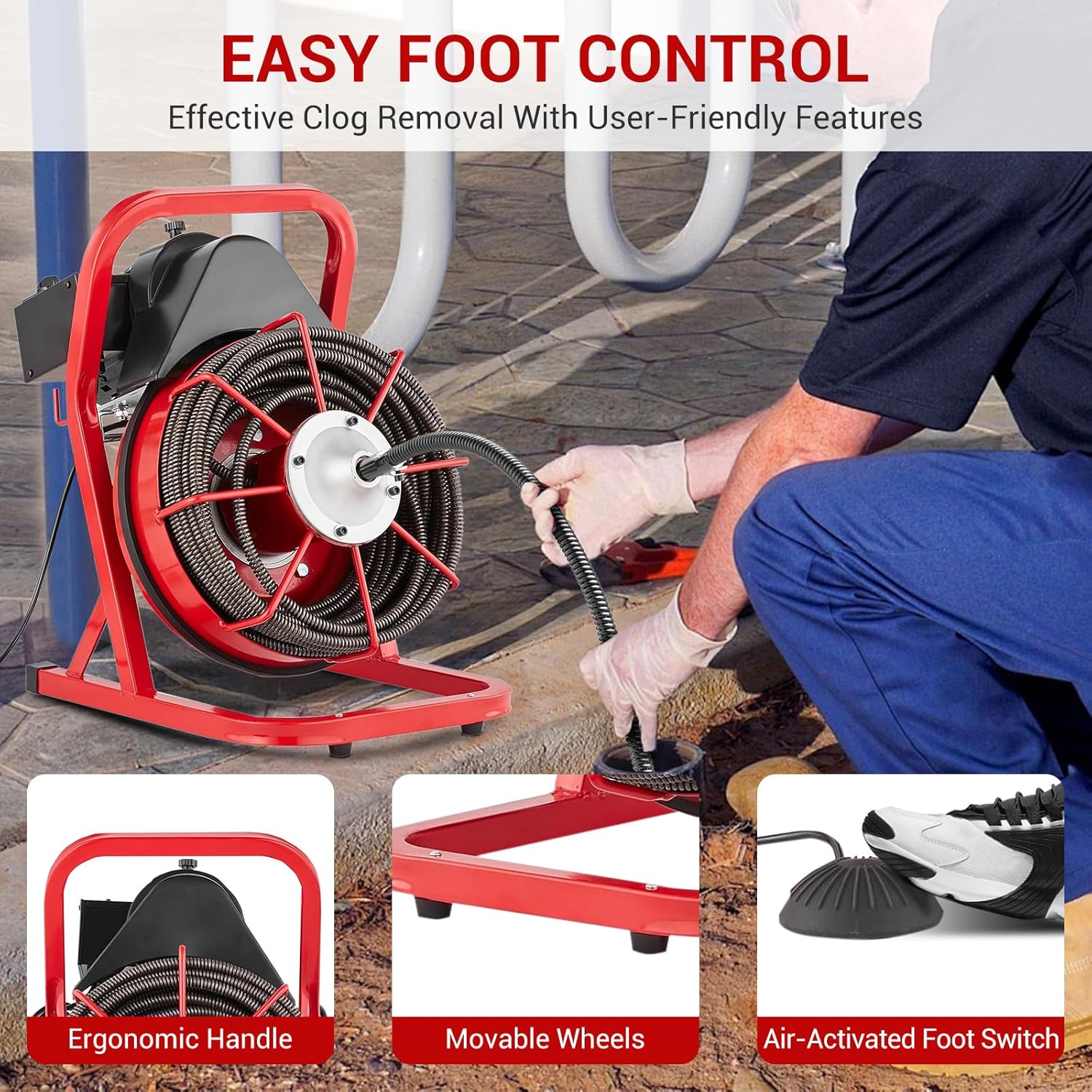 75 ft x 1/2 in Drain Cleaner Machine, 400W Electric Drain Snake with 6 Cutters & Foot Switch for 1 in to 4 in Pipes, Heavy Duty Sewer Auger for Sinks