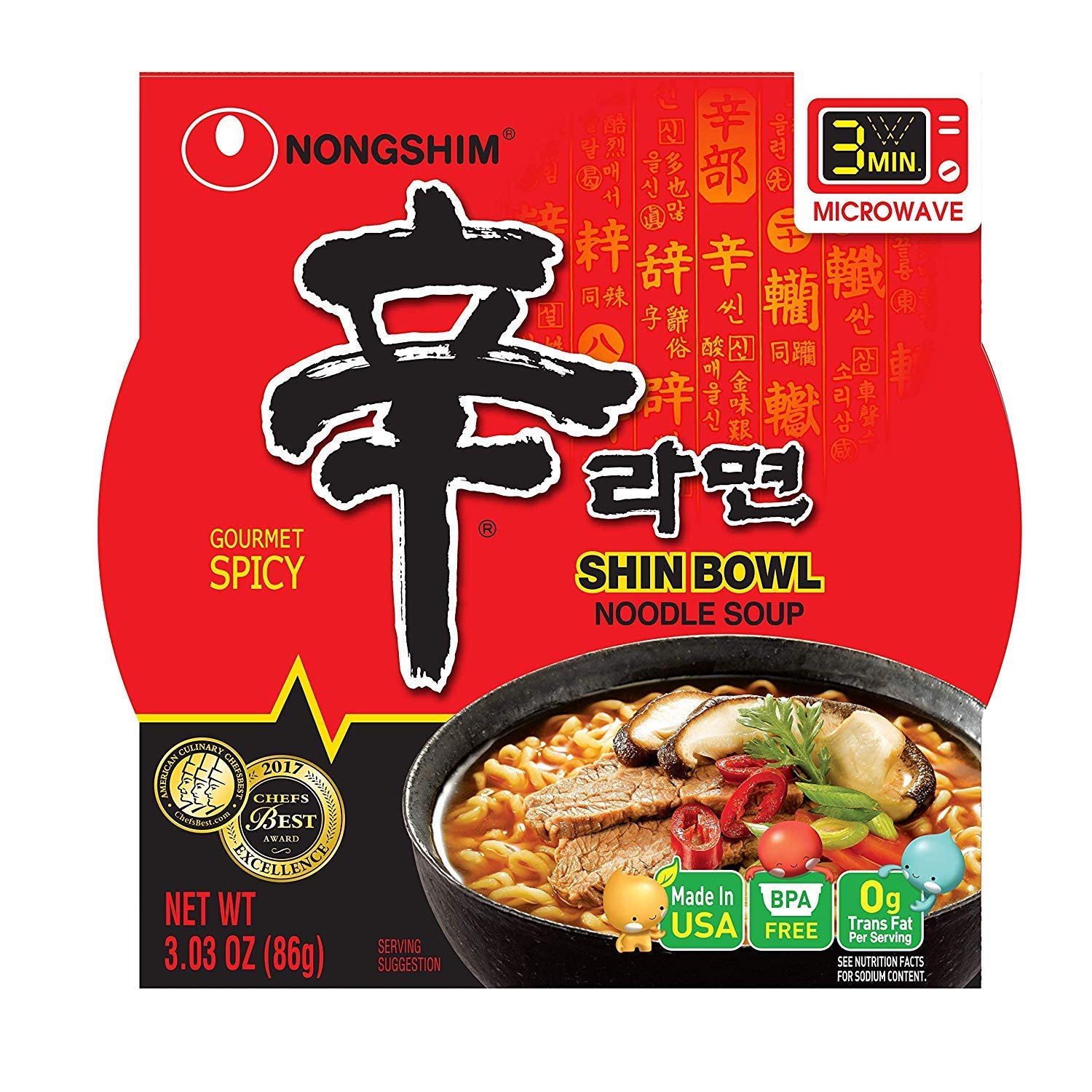 Nongshim Shin Bowl Noodle Soup, Gourmet Spicy, 3.03 Ounce (Pack of 12) (2-Sets)