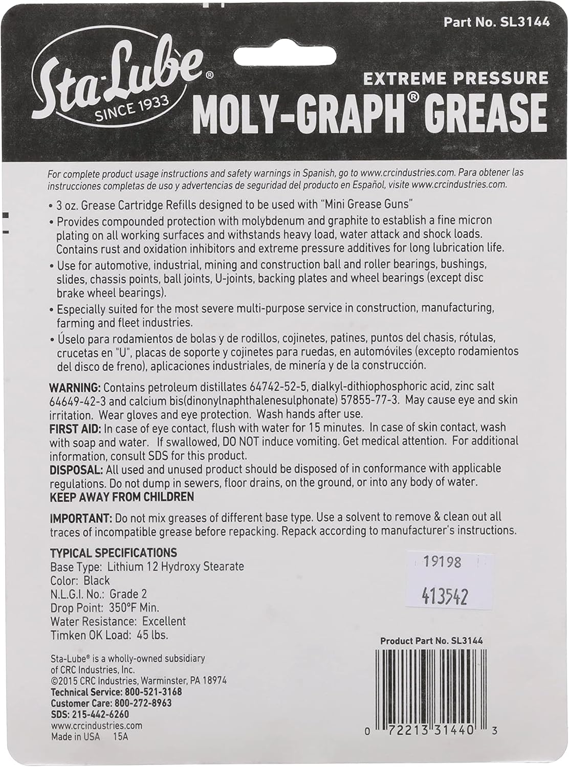 Sta-Lube Moly-Graph Extreme Pressure Multi-Purpose Grease SL3144 - [Pack of 3] 3 Wt Oz., Extreme Pressure