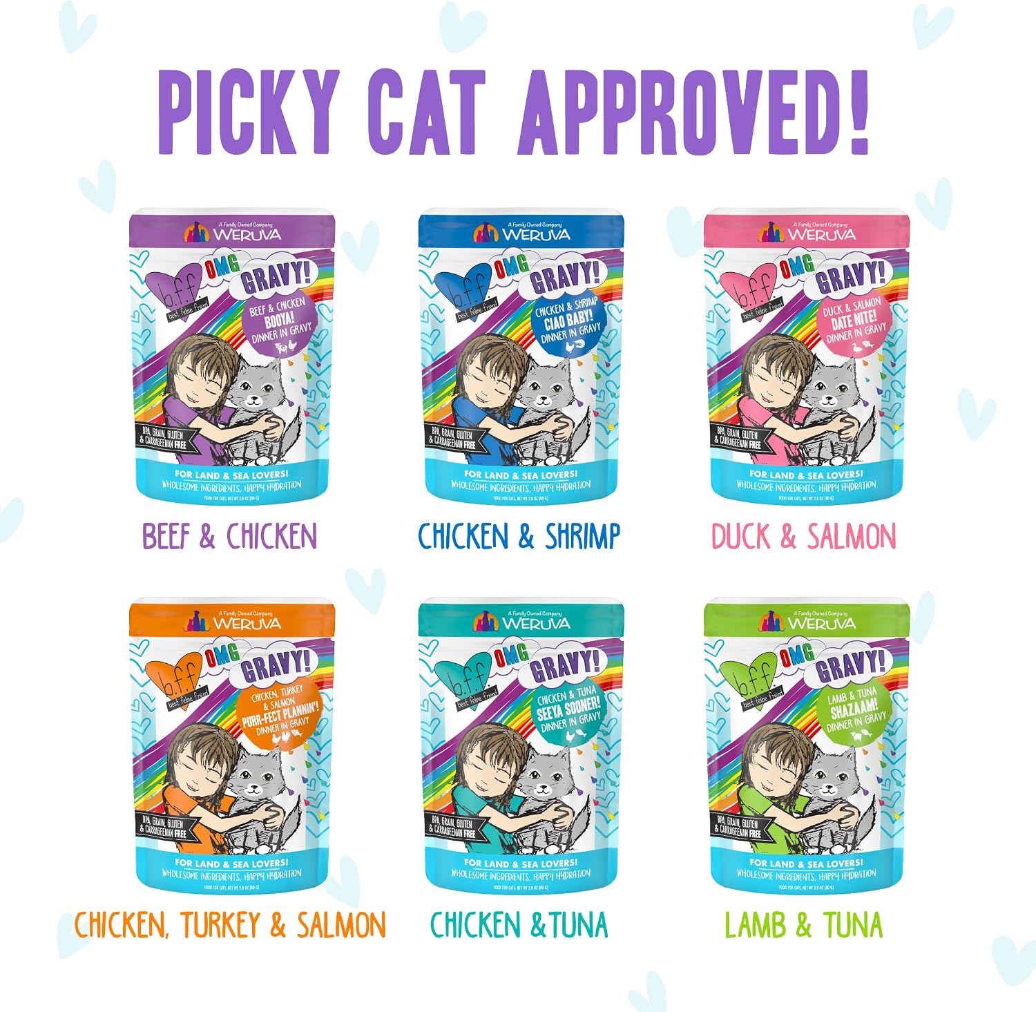 Weruva B.F.F. OMG - Best Feline Friend Oh My Gravy!, Tuna & Salmon Sweet Cheeks with Tuna & Salmon in Gravy Cat Food, 3oz Pouch (Pack of 12)