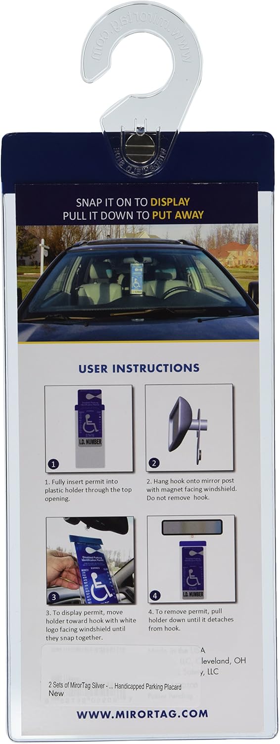 2 MirorTag Silver by JL Safety - Easily Display & Put Away a Handicapped Parking Placard. Strong Hook high Heat Rated. Magnetically snap the Holder